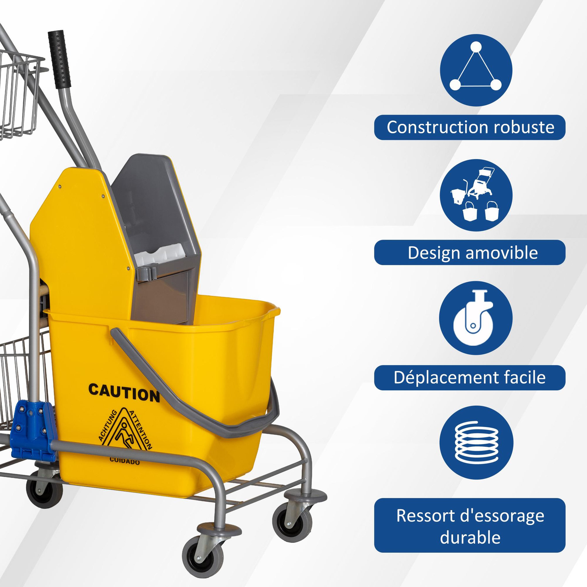 Voir la diapositive 6 : HOMCOM Chariot de lavage chariot de nettoyage professionnel en acier presse à mâchoire seau + rangements jaune