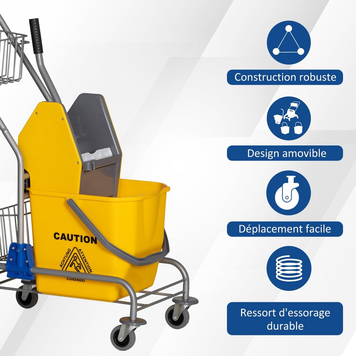 HOMCOM Chariot de lavage chariot de nettoyage professionnel en acier presse à mâchoire seau + rangements jaune