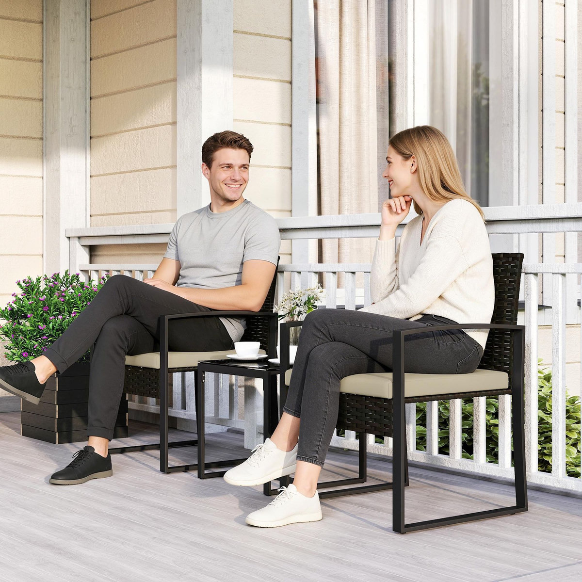 OUTSUNNY Salon de jardin 2 places 3 pièces avec coussins plateau verre trempé résine tressée 6 fils kaki