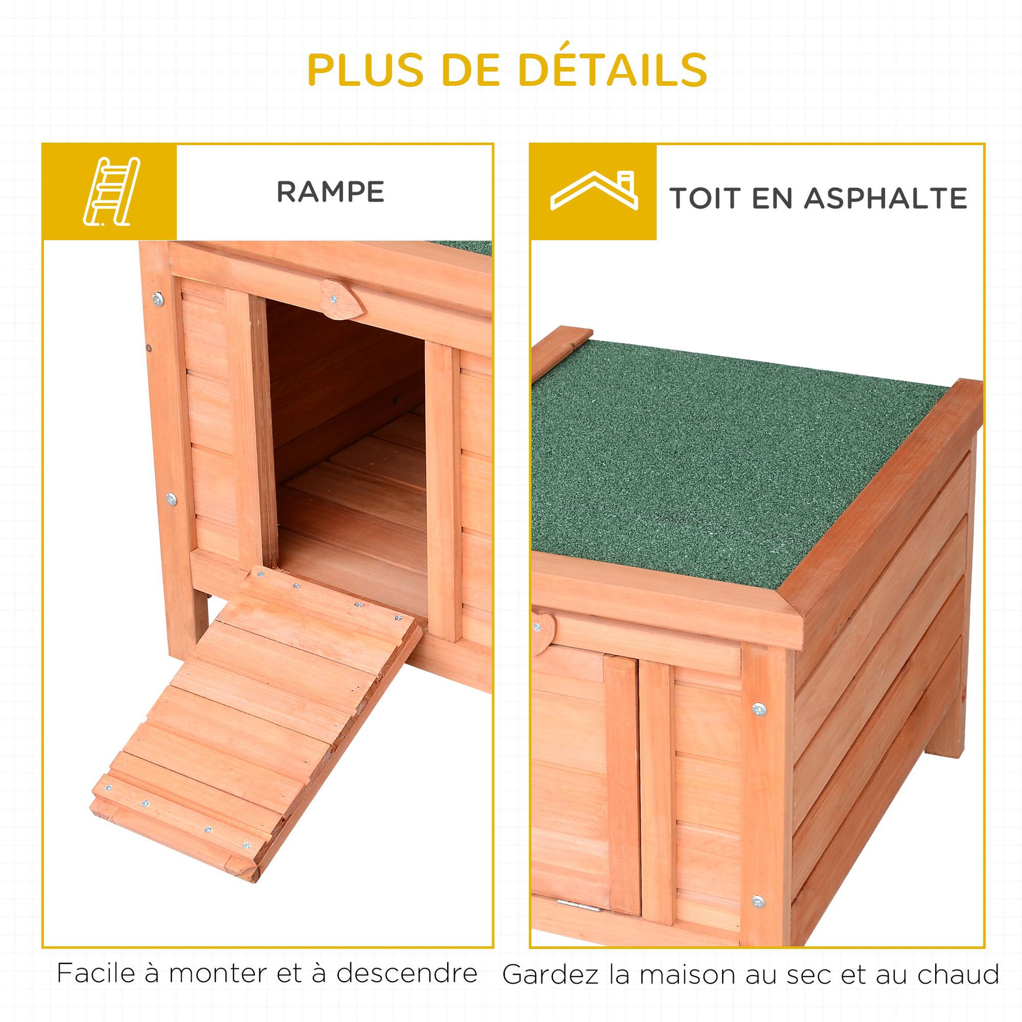 Voir la diapositive 6 : PAWHUT Clapier de sol niche enclos pour lapin porte rampe verrouillable 2 en 1 toit ouvrant bitumé bois sapin pré-huilé