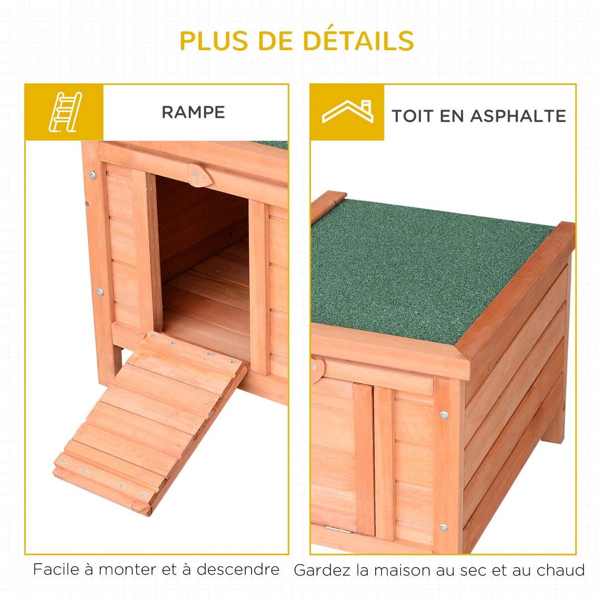 PAWHUT Clapier de sol niche enclos pour lapin porte rampe verrouillable 2 en 1 toit ouvrant bitumé bois sapin pré-huilé