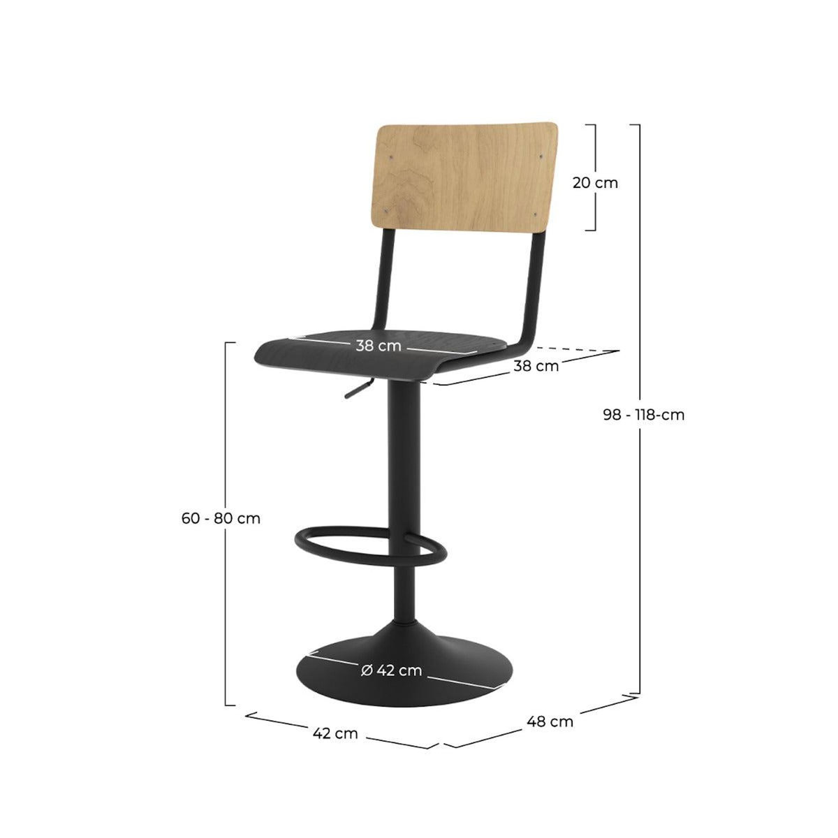Rendez vous déco Lot de 2 chaises de bar réglables 60/80 cm en bois clair et noir-Clem