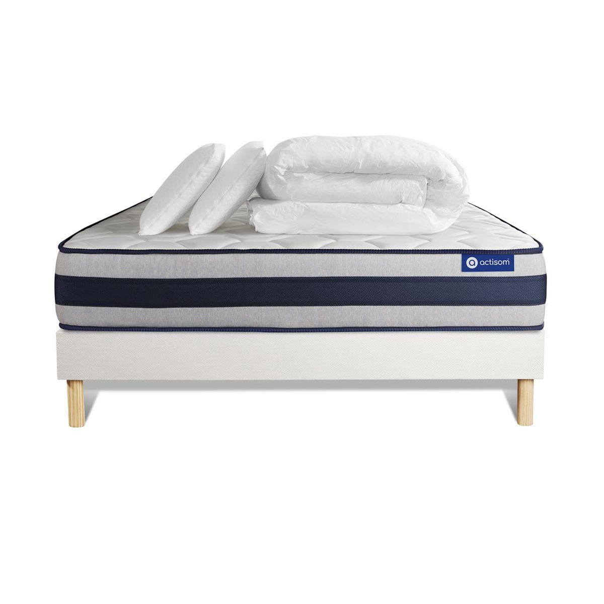 ACTISOM Pack prêt à dormir matelas Latex et Mémoire de forme ACTILATEX ERGO 180x200 cm + sommier KIT blanc + 2 oreillers + couette