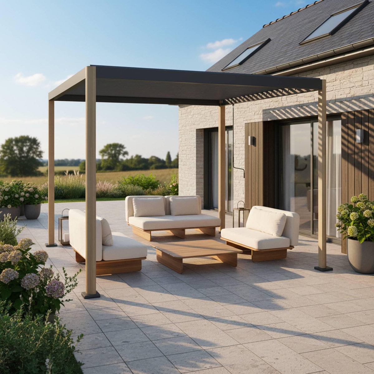 SWEEEK Pergola bioclimatique aux pieds arrondis aluminium et acier lames orientables 3x3m - Imperial