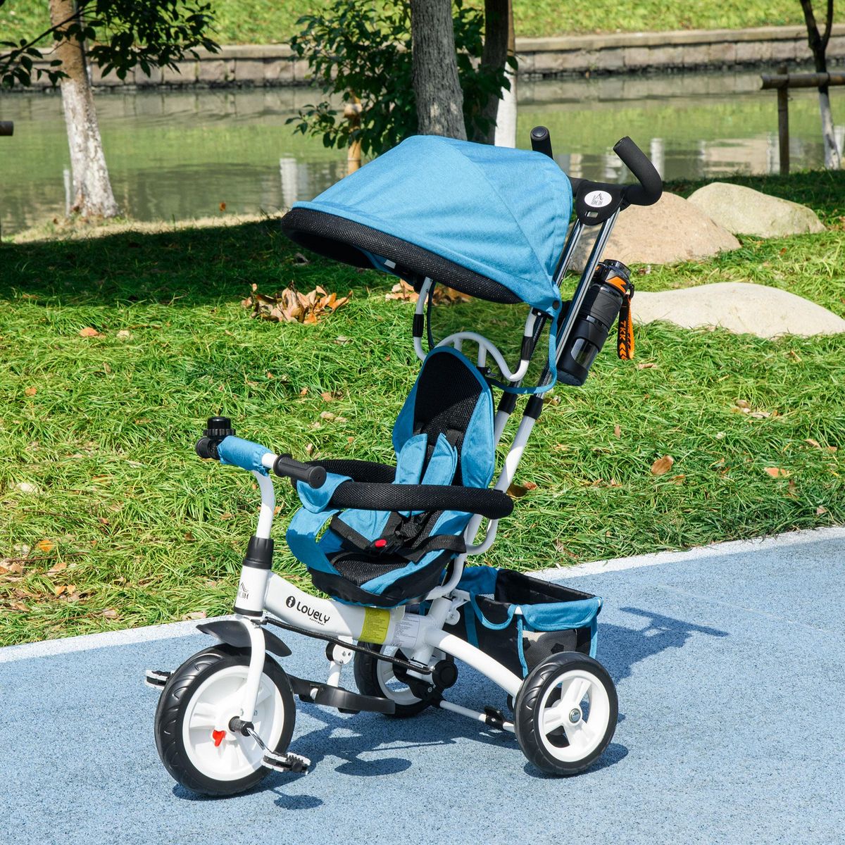HOMCOM Tricycle enfant évolutif pare-soleil pliable canne télescopique amovible acier bleu