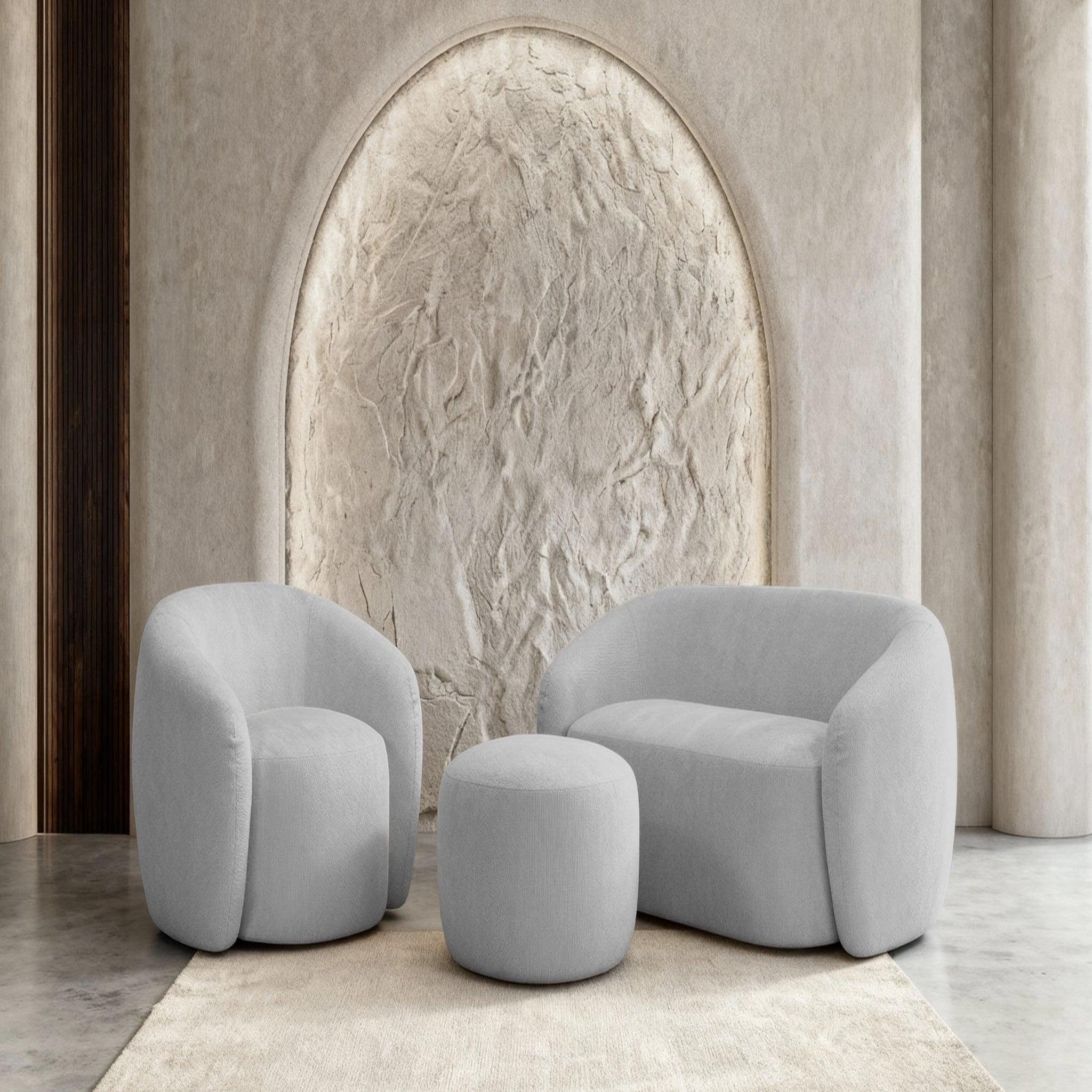 Voir la diapositive 2 : CASANOVA PARIS Aurelie - pack canapé droit 2 places + fauteuil + pouf tissu