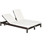 OUTSUNNY Bain de soleil transat 2 places - grand confort - dossier inclinable multi-positions - matelas fournis - résine tressée chocolat