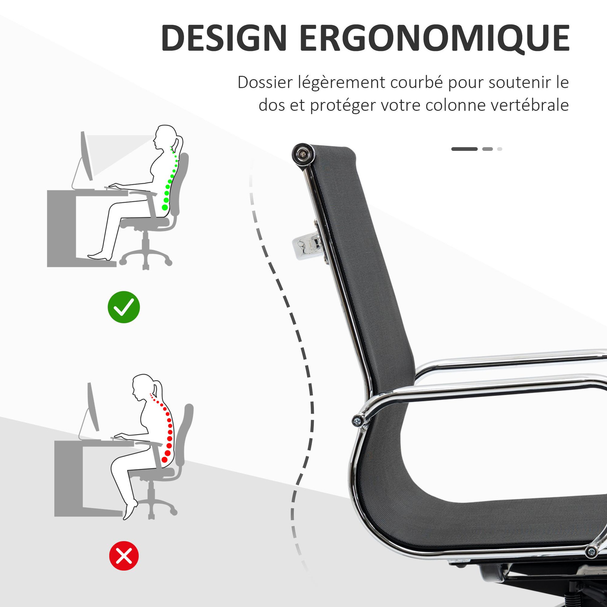 Voir la diapositive 4 : VINSETTO Vinsetto Fauteuil de bureau direction réglable pivotant 360° fonction bascule verrouillable piètement et accoudoirs chromés maille noir