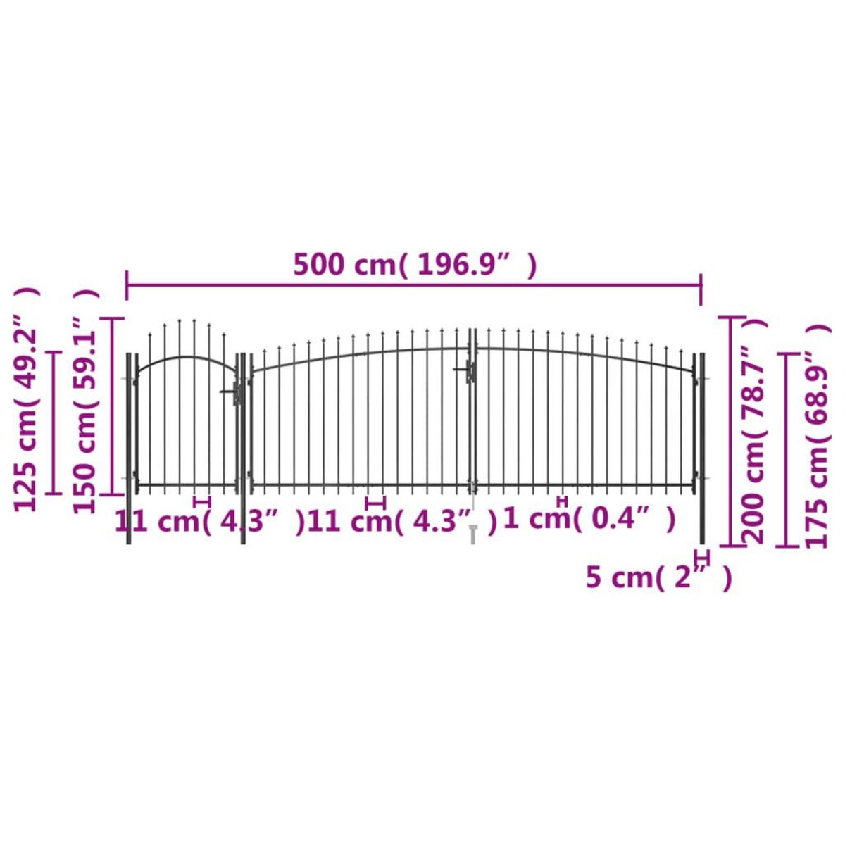 VIDAXL Portail de cloture de jardin avec dessus en lance 5x2 m Noir