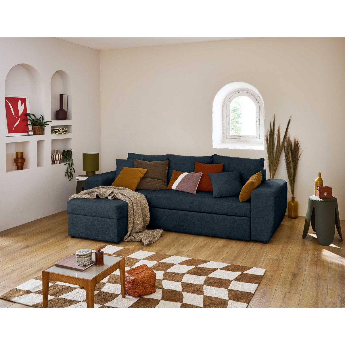 BEST MOBILIER Milan - canapé d'angle réversible 4 places - convertible avec coffre - en velours texturé