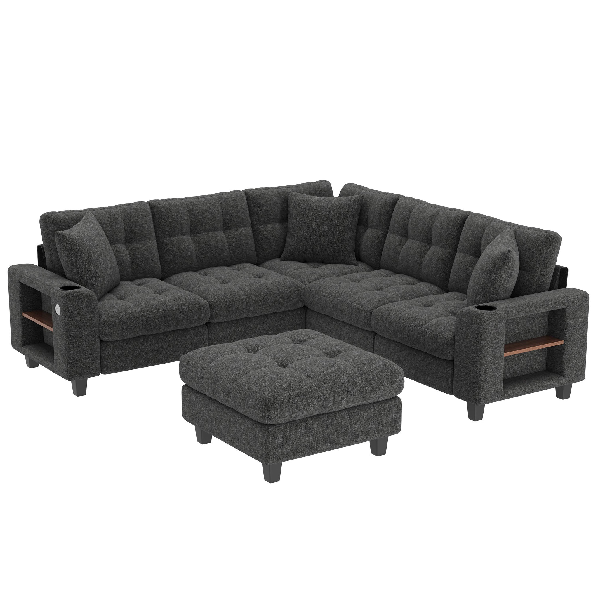 MERAX Canapé d'angle panoramique fixe 6 places tissu. Coloris disponibles : Gris