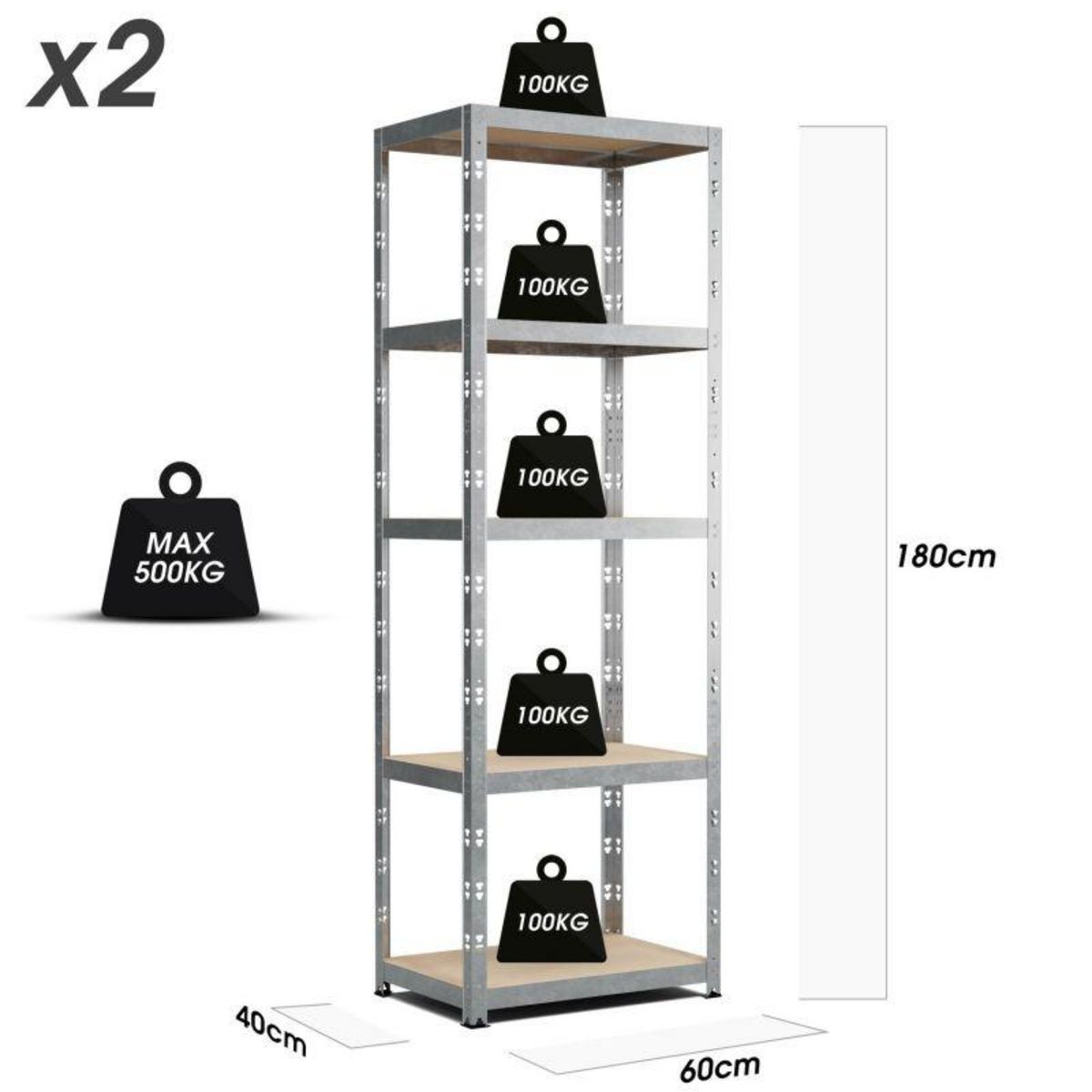EUROSPEN Lot de 2 Etagères de Rangement modulables et polyvalentes pour atelier, garage, cave...Charges Lourdes 180x60x40cm x2 - Gris