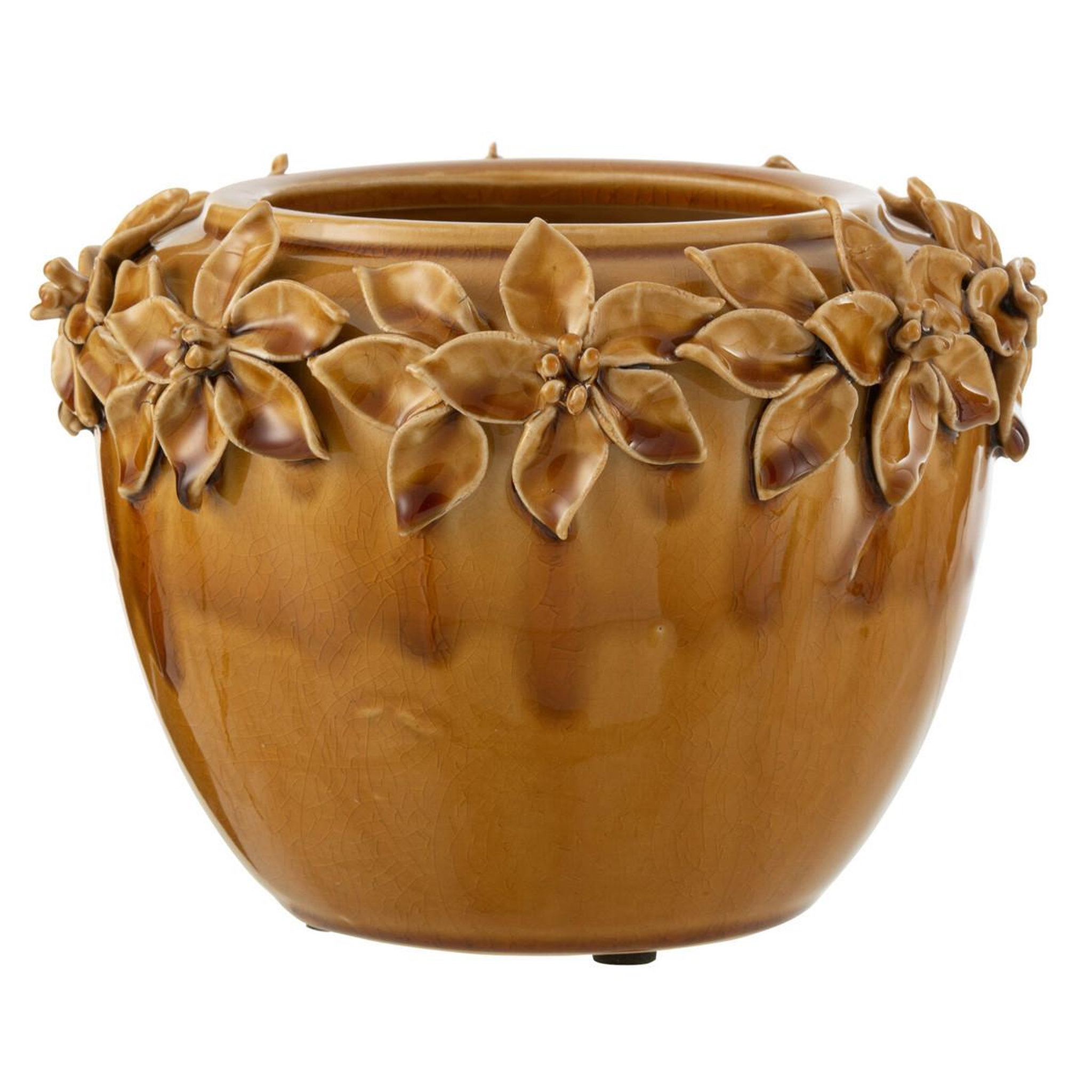 J-LINE Cache-Pot en Céramique  Fleur Design  21cm Ocre