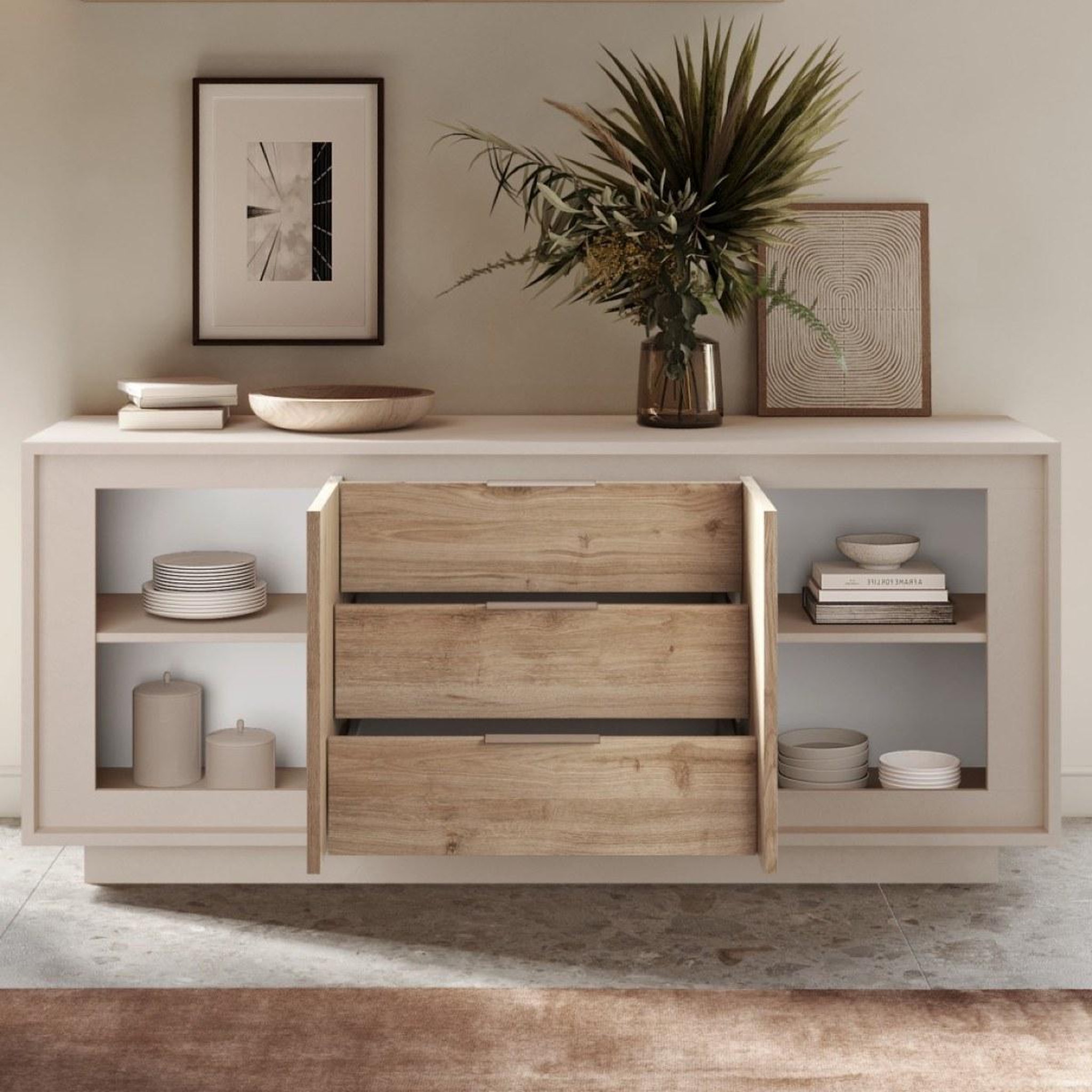 Voir la diapositive 4 : JLC KREATION Buffet bas beige et bois clair 2 portes-3 tiroirs 180cm yori