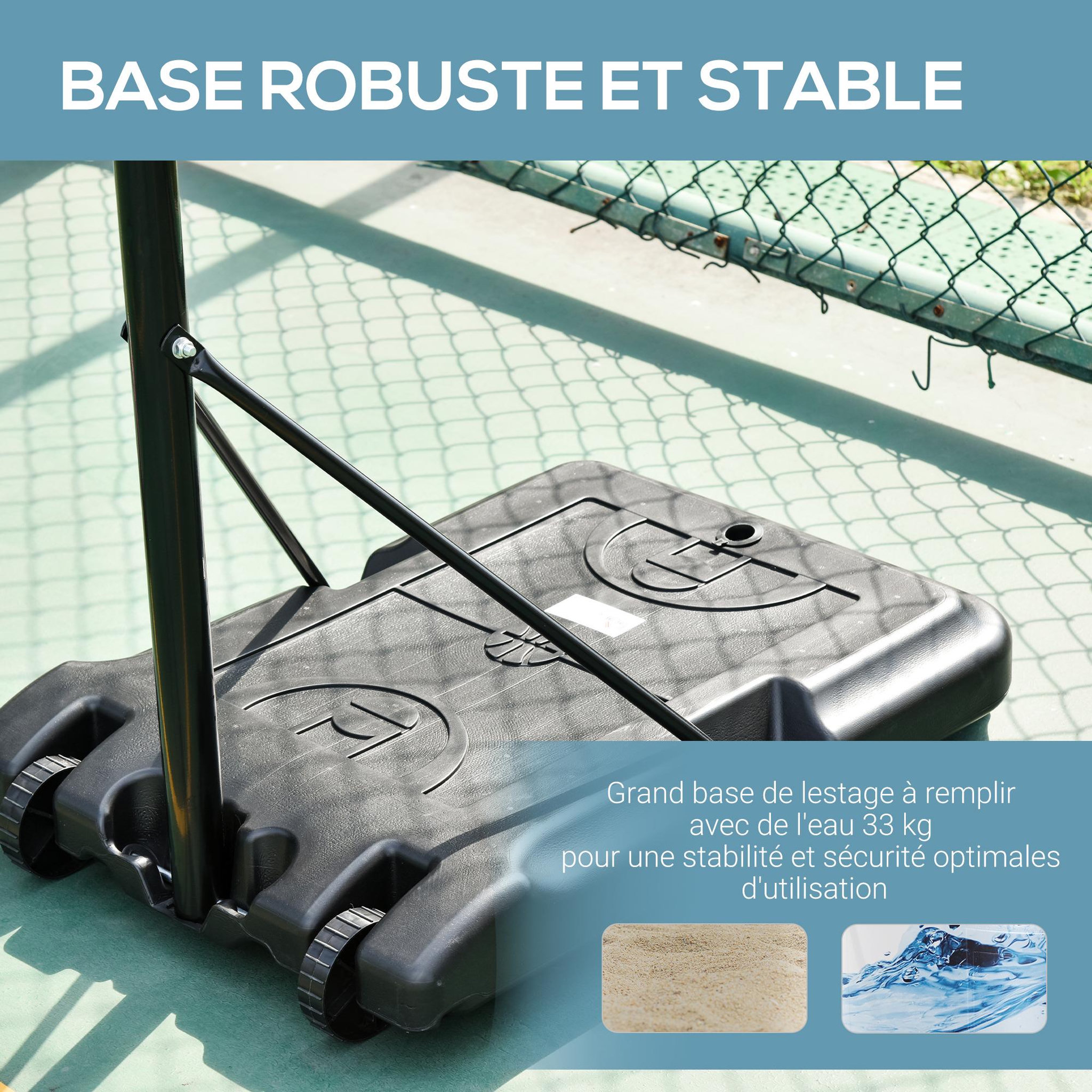 Voir la diapositive 6 : HOMCOM Panier de basket-ball sur pied avec poteau panneau, base de lestage sur roulettes hauteur réglable 2,1 - 2,5 m noir blanc