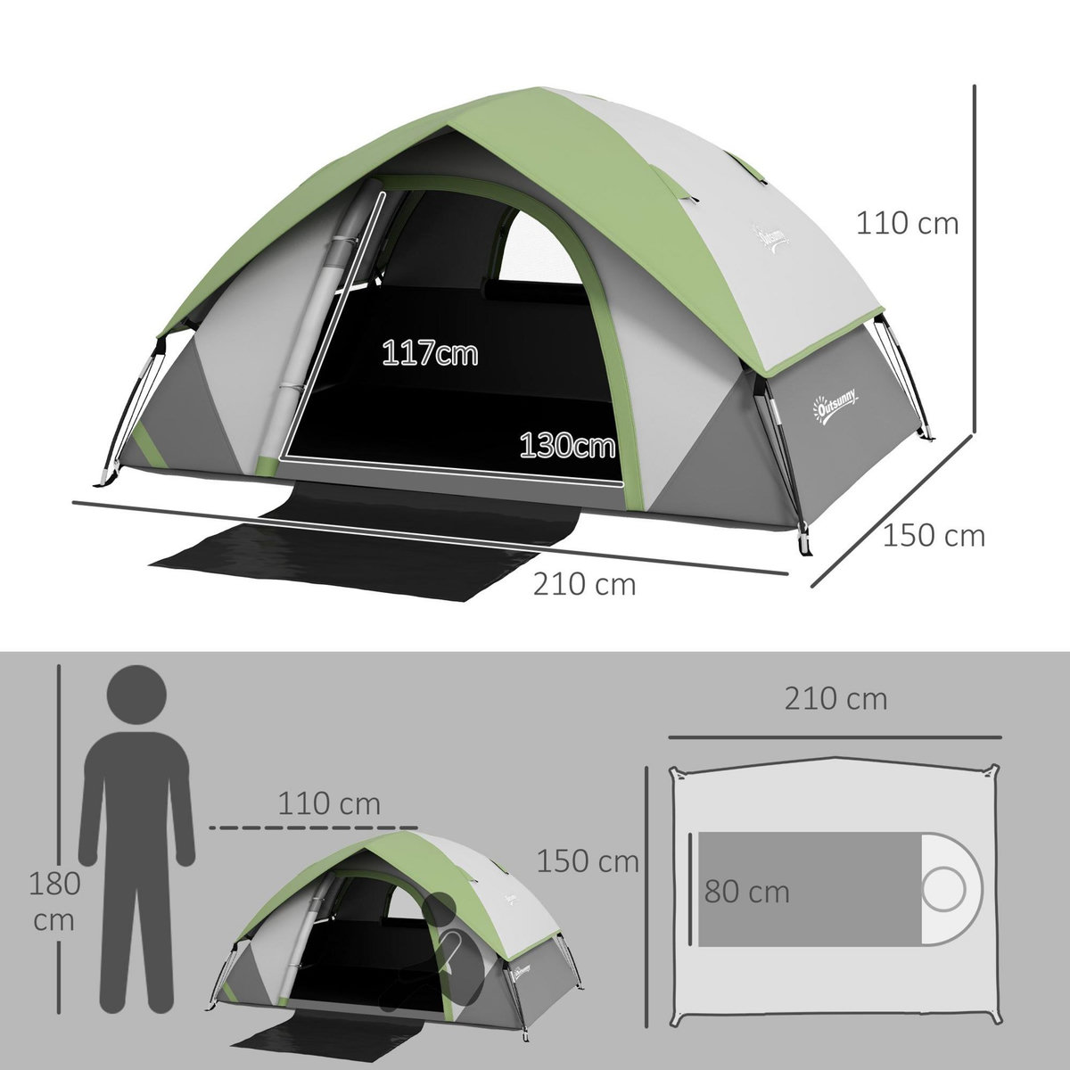 OUTSUNNY Tente de camping 2 personnes dôme étanchéité 3000 mm tapis de sol sac transport vert gris