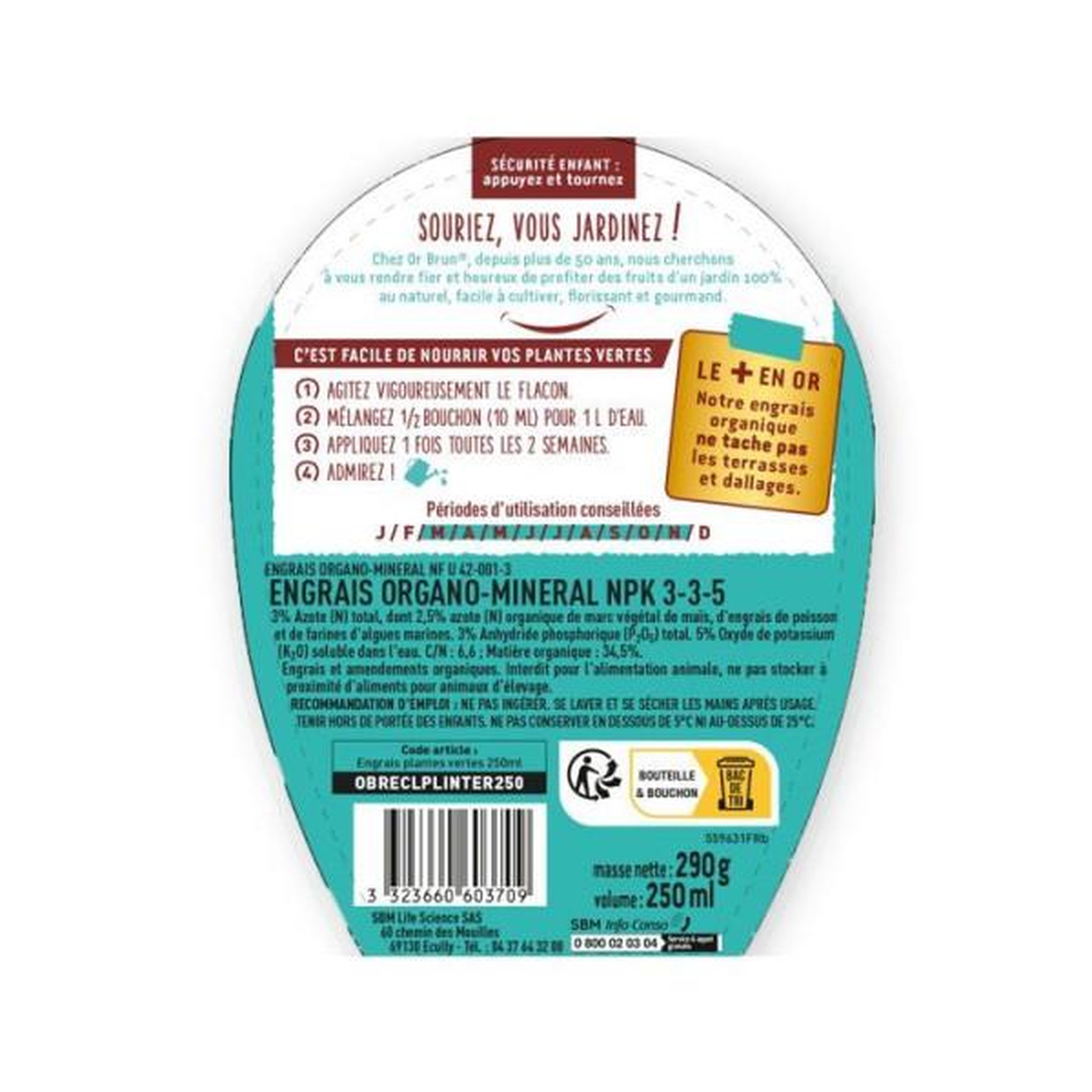 Voir la diapositive 6 : OR BRUN Engrais plantes vertes - or brun - obreclplinter250 - 250 ml - favorise la croissance - fabriqué en france