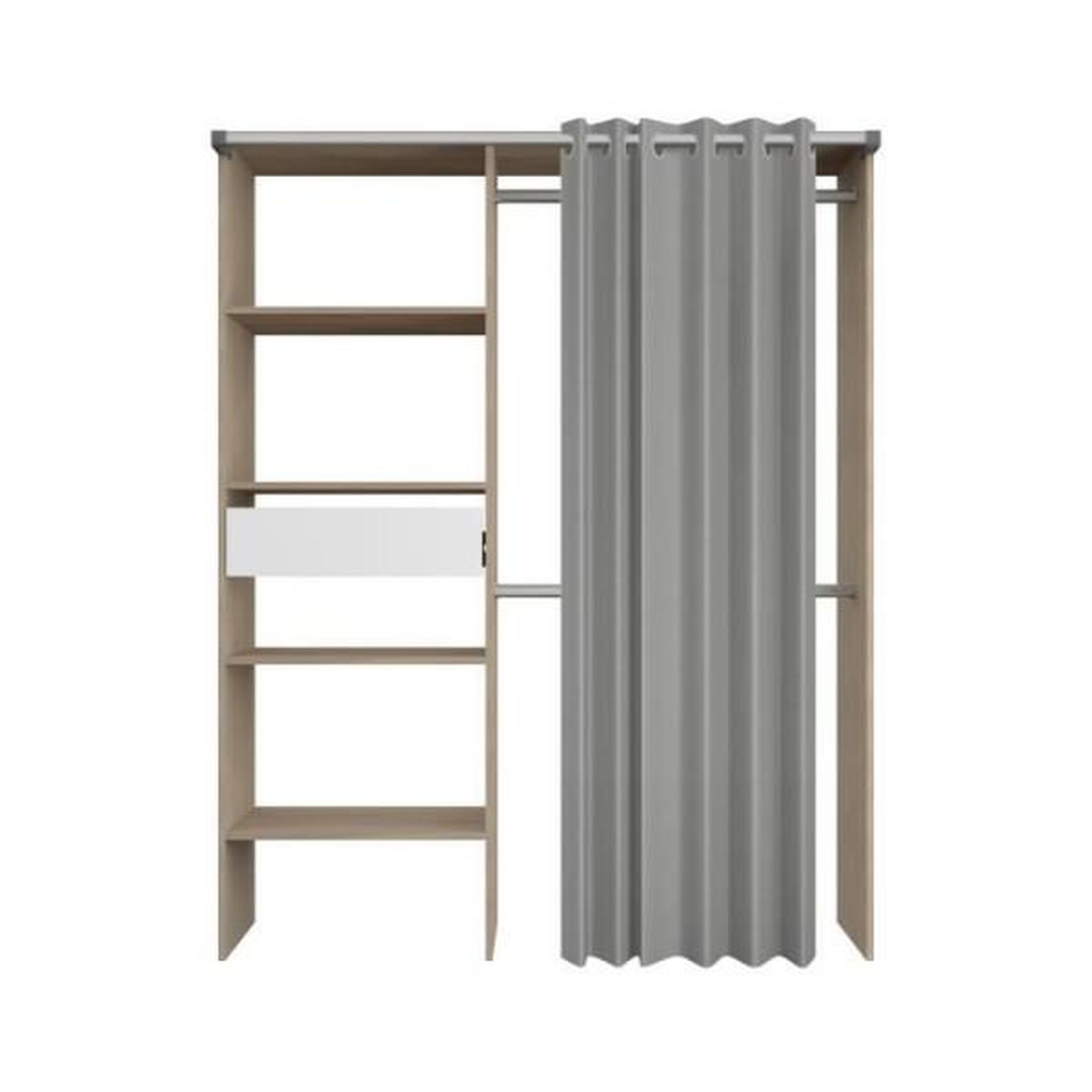 Voir la diapositive 2 : EKIPA Kit dressing ARTIC avec rideau - Décor Chene - 1 colonne + 2 penderies + 1 tiroir - L 143,5 X P 48 X H 181,9 cm - EKIPA