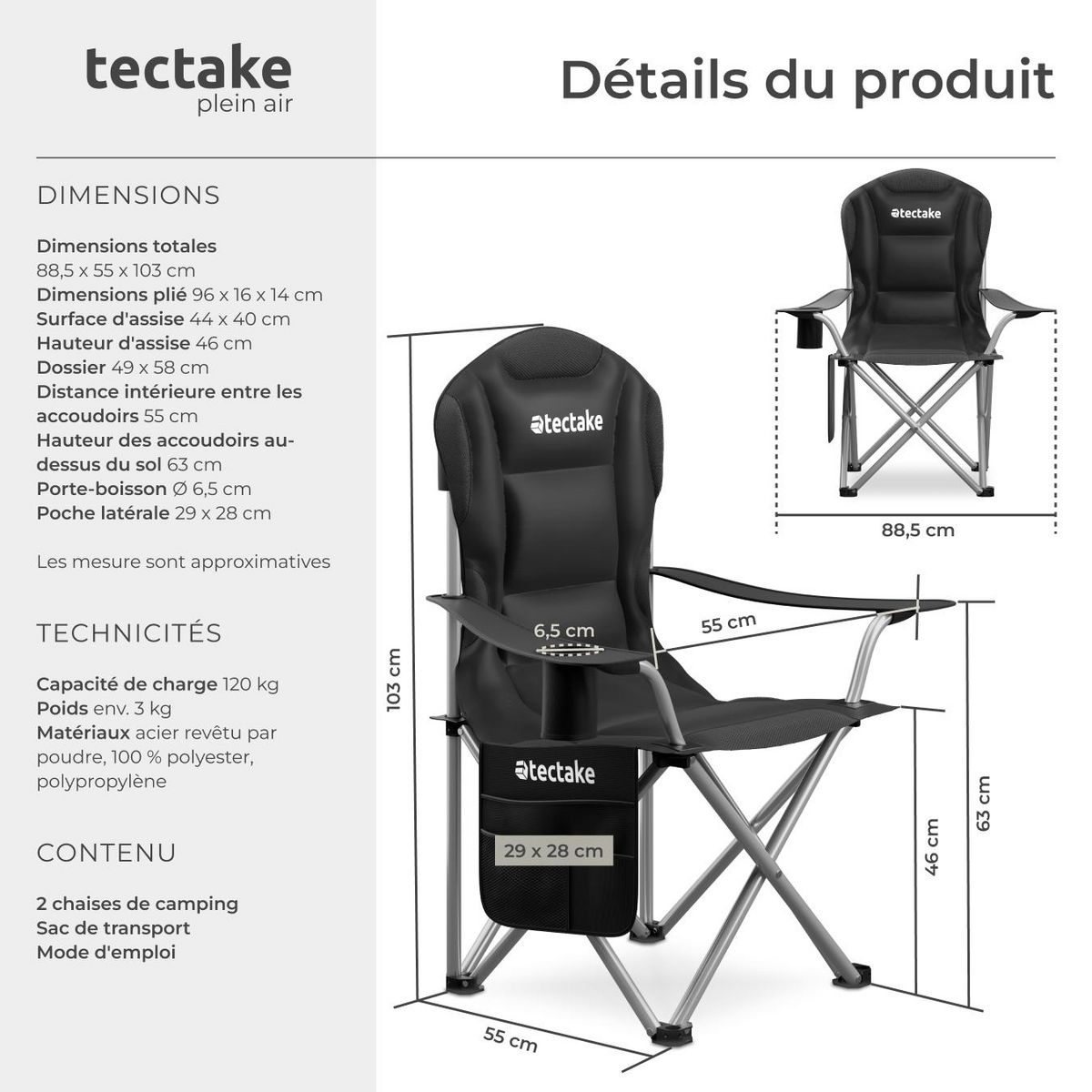 tectake Chaise de camping rembourrée pliable avec sac de transport inclus noir Ensemble de 2 pièces