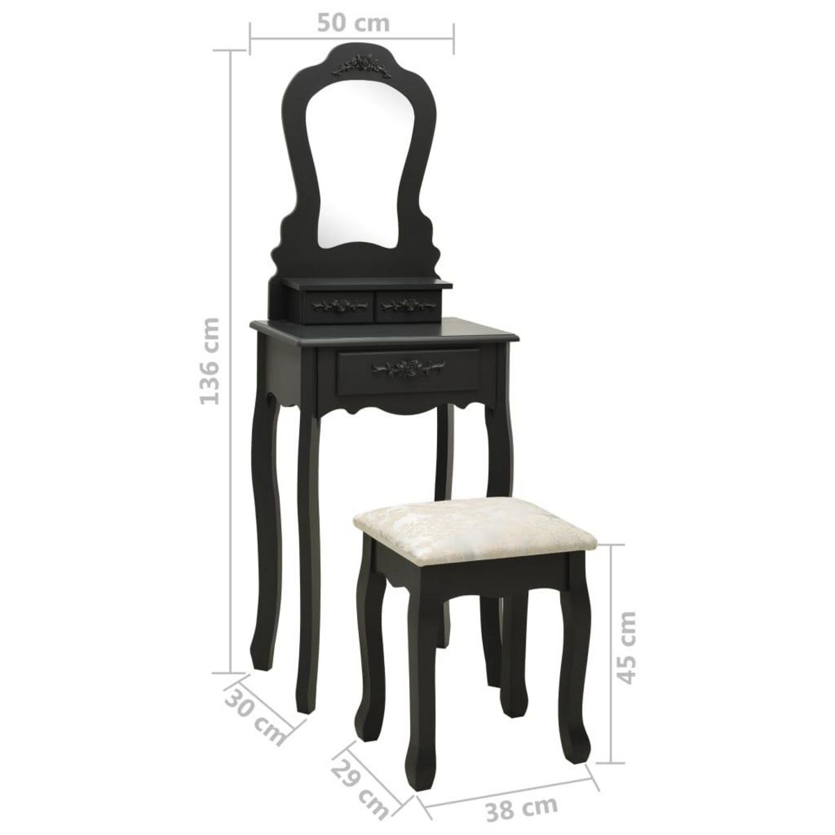 VIDAXL Ensemble de coiffeuse avec tabouret Noir 50x59x136 cm Paulownia