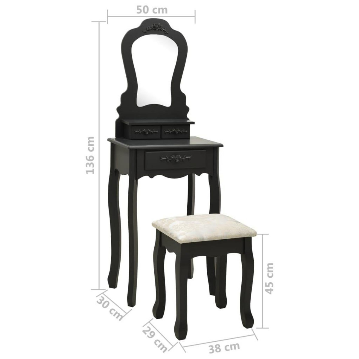 VIDAXL Ensemble de coiffeuse avec tabouret Noir 50x59x136 cm Paulownia