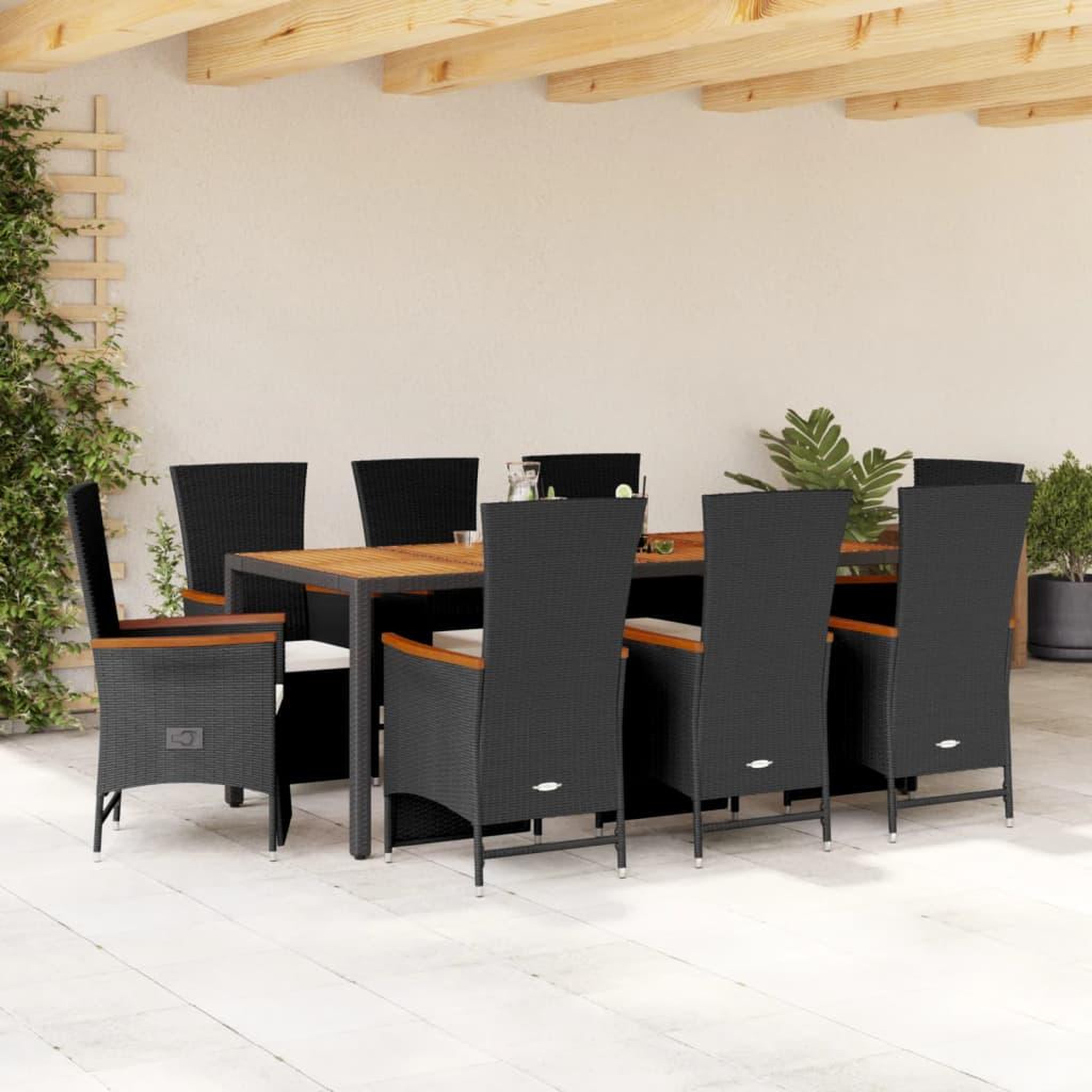 VIDAXL Ensemble a manger de jardin 9pcs coussins noir resine tressee