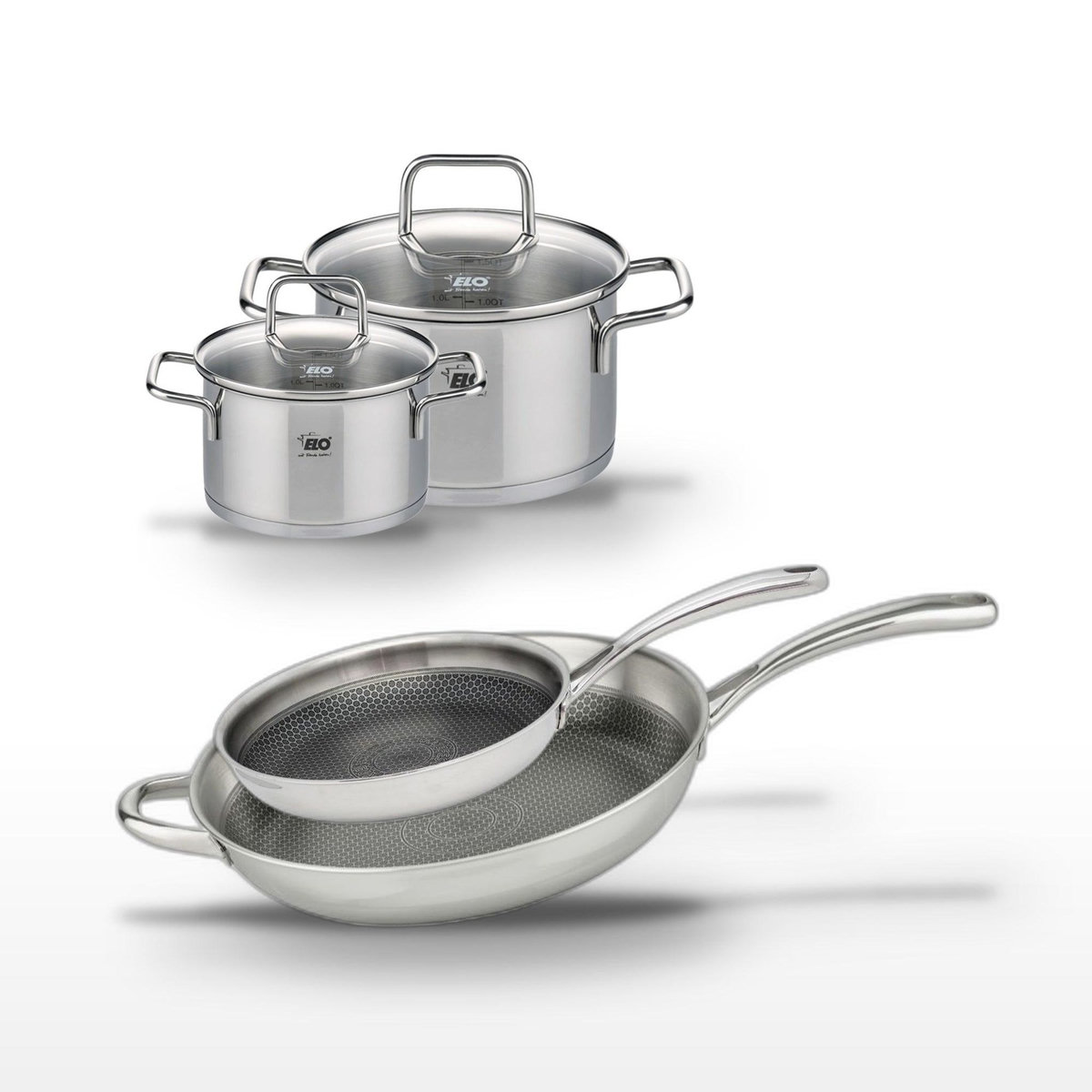 ELO Lot Poêles 32cm & 28cm Elo Relief Evolution avec 2 Faitouts 12cm & 16cm