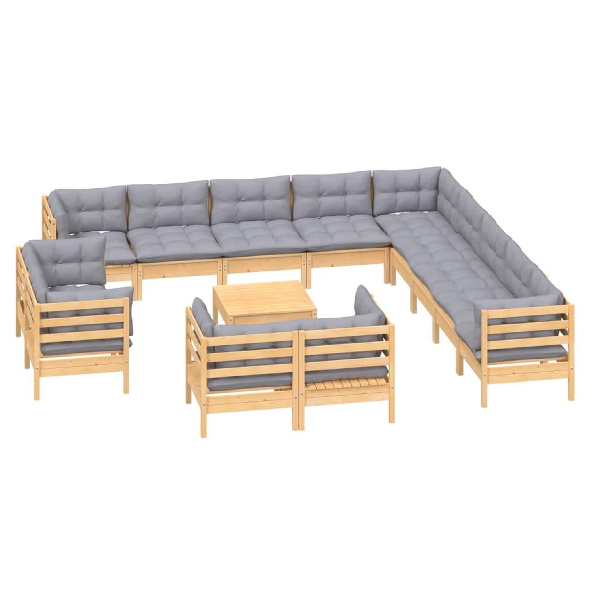 Voir la diapositive 3 : VIDAXL Salon de jardin 14 pcs avec coussins gris Bois de pin solide
