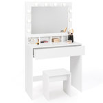 ID MARKET Coiffeuse ZELIA miroir LED avec 4 niches, 1 tiroir et tabouret