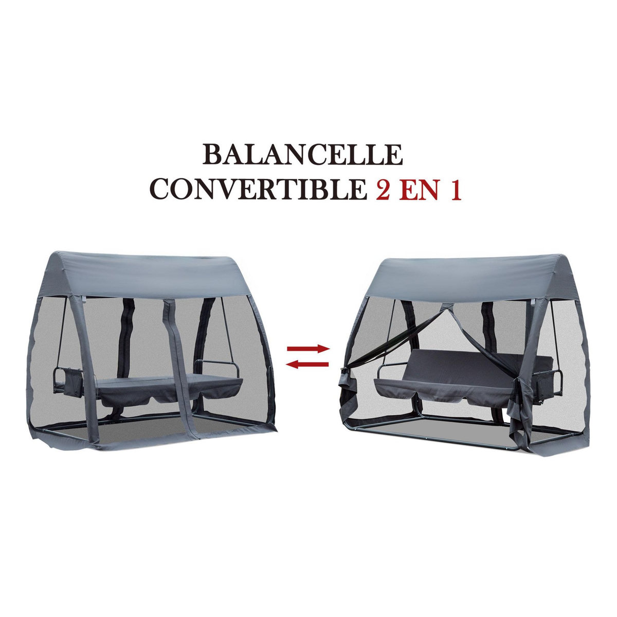 OUTSUNNY Balancelle de jardin convertible 3 places grand confort : matelas assise dossier, moustiquaire intégrale zippée avec toit,  pochette rangement métal époxy polyester gris