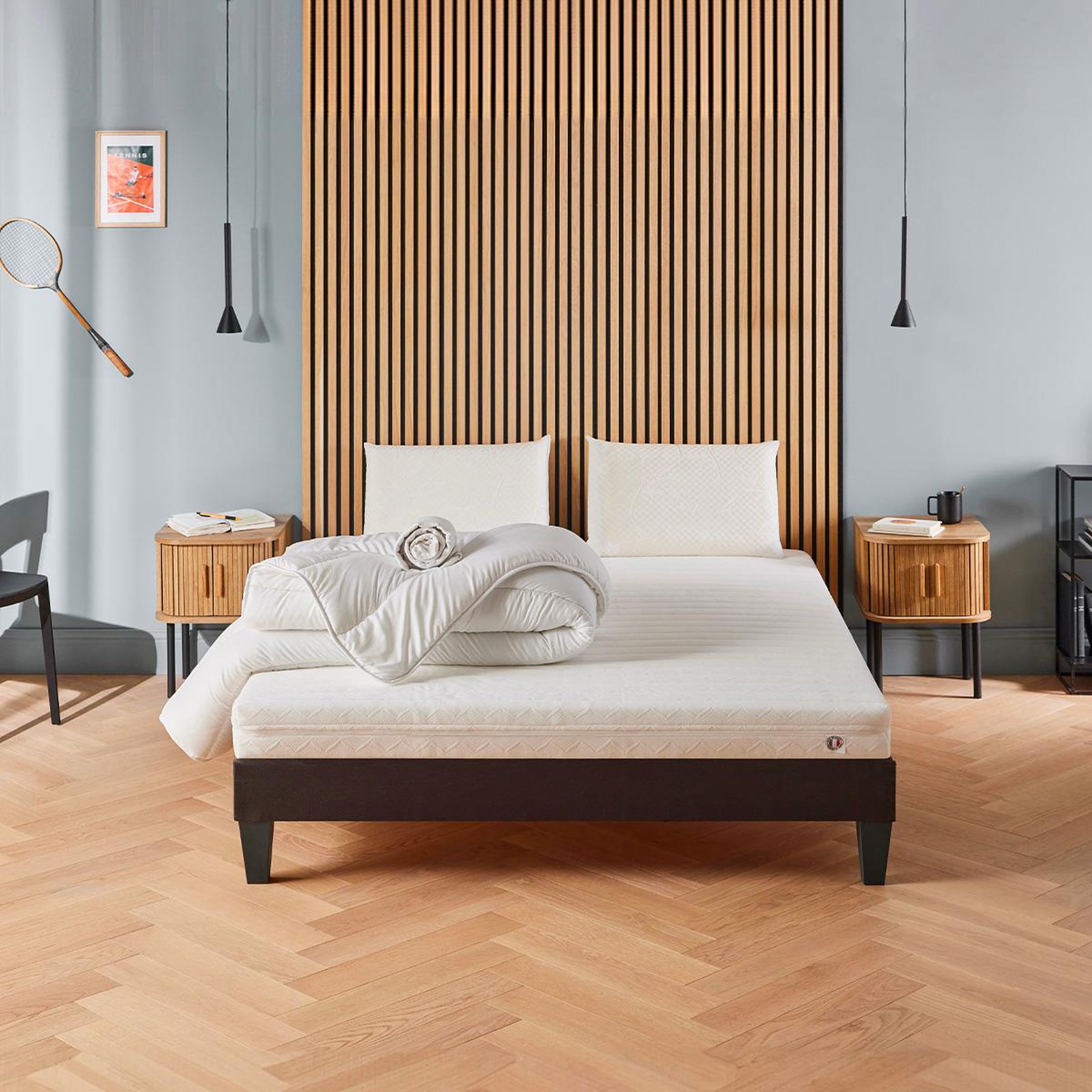 Voir la diapositive 2 : OLYMPE LITERIE Olympe literie | pack prêt à dormir egio | matelas latex like + sommier bois + accessoires