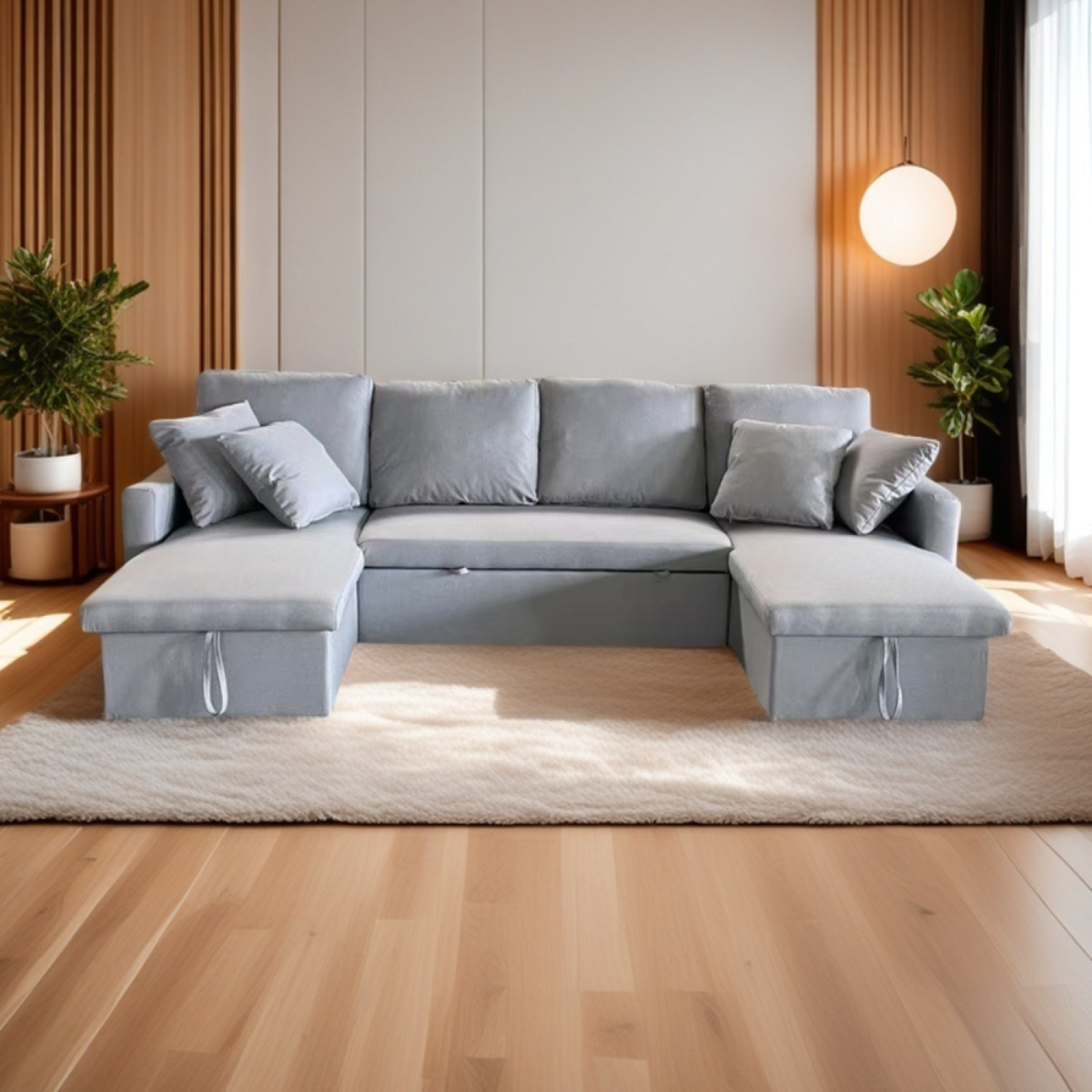 CONCEPT USINE Canapé panoramique convertible 4 places en tissu avec coffre - gris clair MAHÉ