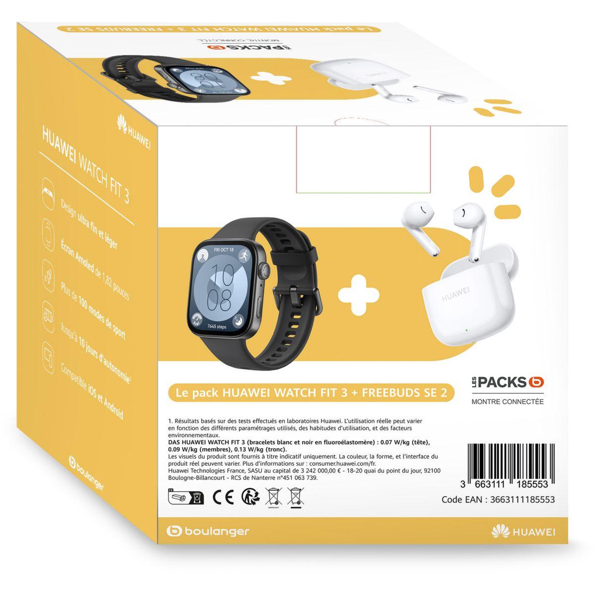 Voir la diapositive 2 : HUAWEI Montre connectée Pack Watch Fit 3 Noir + buds SE 2 Noir