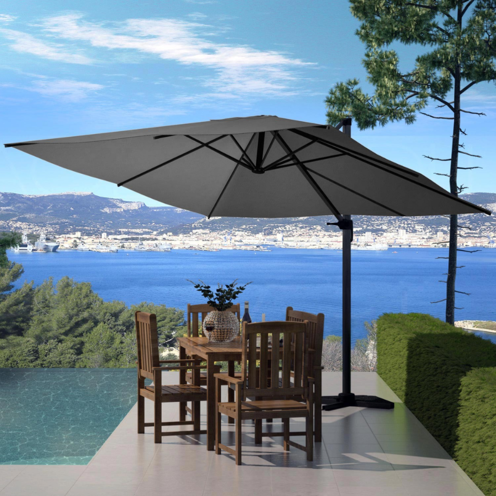 Voir la diapositive 2 : CONCEPT USINE Parasol gris déporté carré 3 x 3 m rotatif à 360 palatino