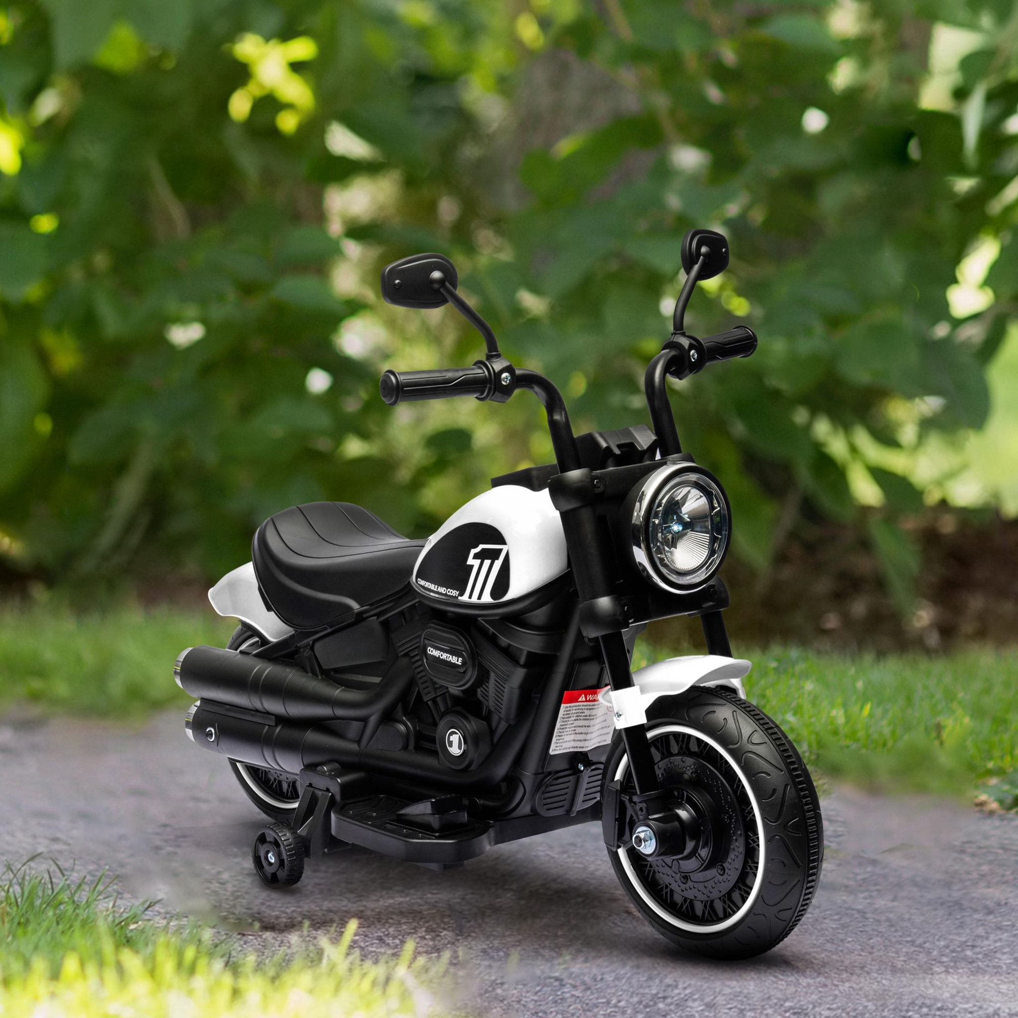 Voir la diapositive 2 : HOMCOM Moto électrique enfant 6 V 3 Km/h effet lumineux roulettes amovibles repose-pied pédale métal PP blanc noir