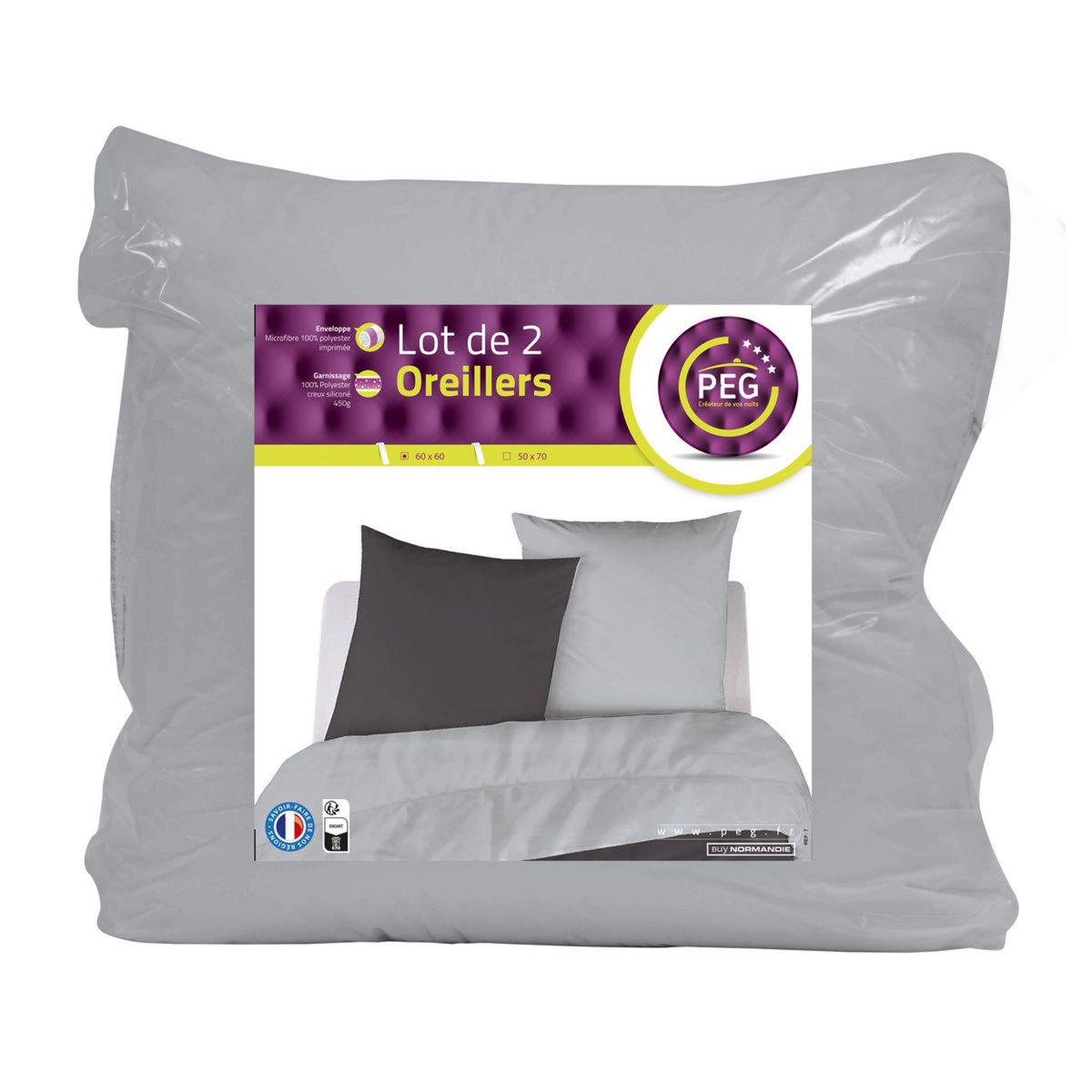 Lot de 2 oreillers unis en microfibre 450 g/m²