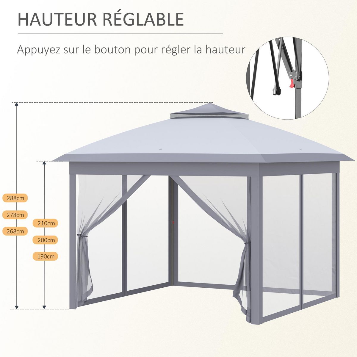 OUTSUNNY Tonnelle barnum de jardin pop-up pliant - dim. 3,30L x 3,30l x 2,88H m - hauteur réglable, double toit, sac transport - métal époxy, oxford, moustiquaires - gris