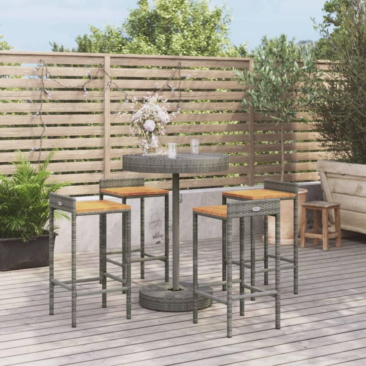VIDAXL Ensemble de bar jardin 5 pcs gris poly rotin/bois massif acacia