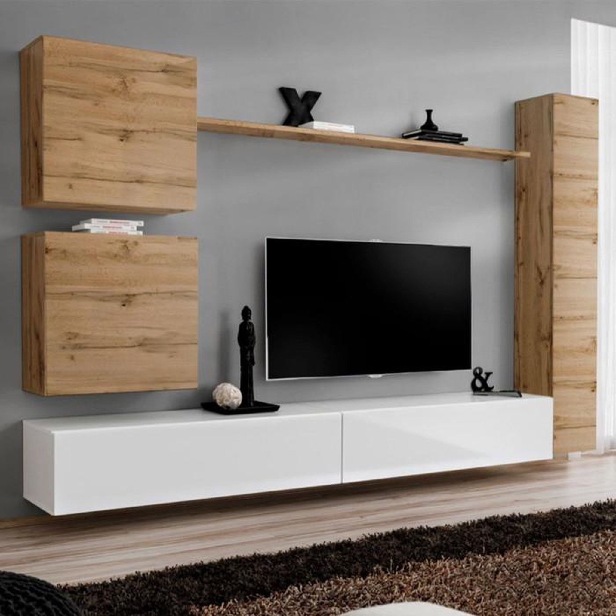 Voir la diapositive 1 : Paris Prix Meuble TV Mural Design  Switch VIII  280cm Naturel & Blanc