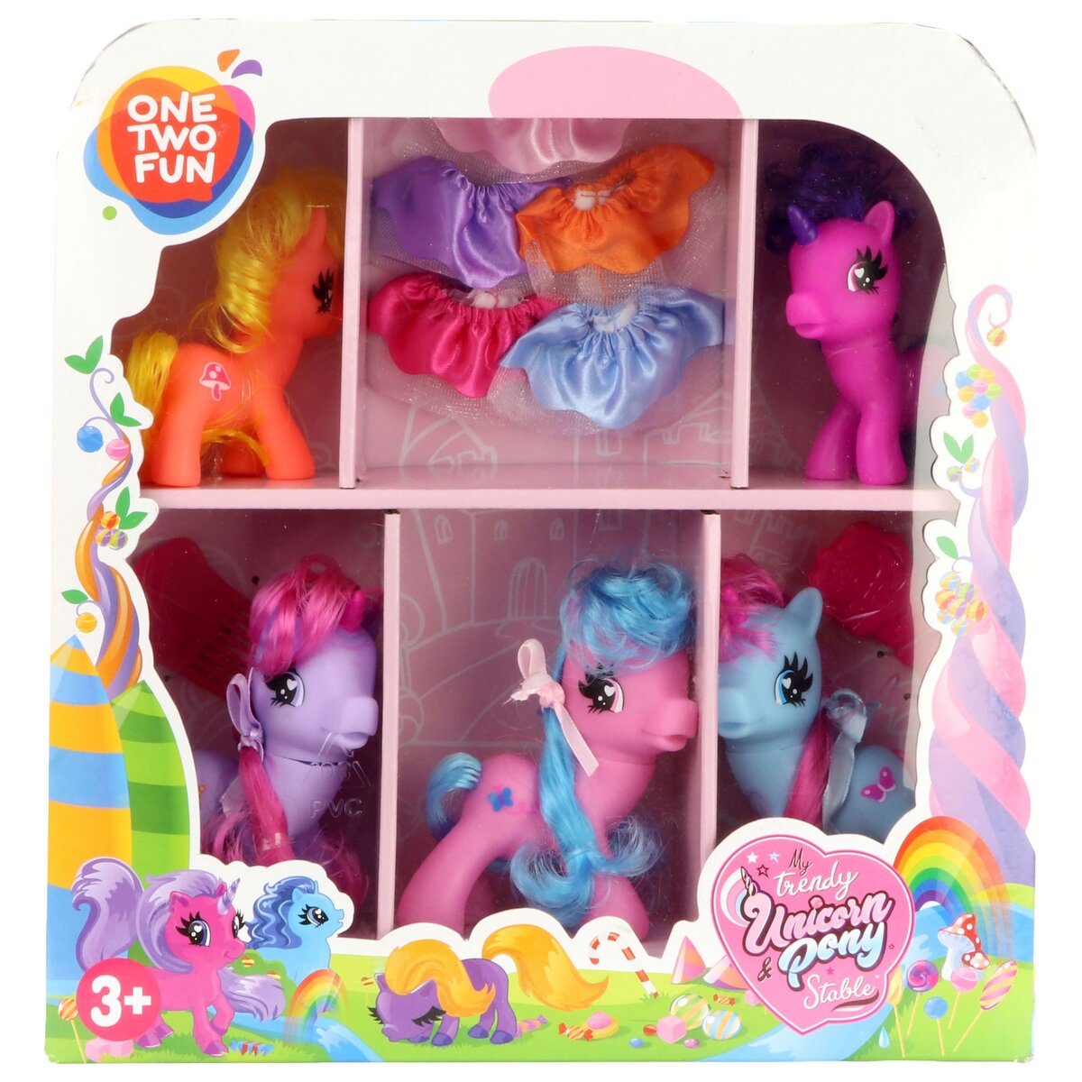One Two Fun Coffret de 5 poneys licornes colorés + accessoires