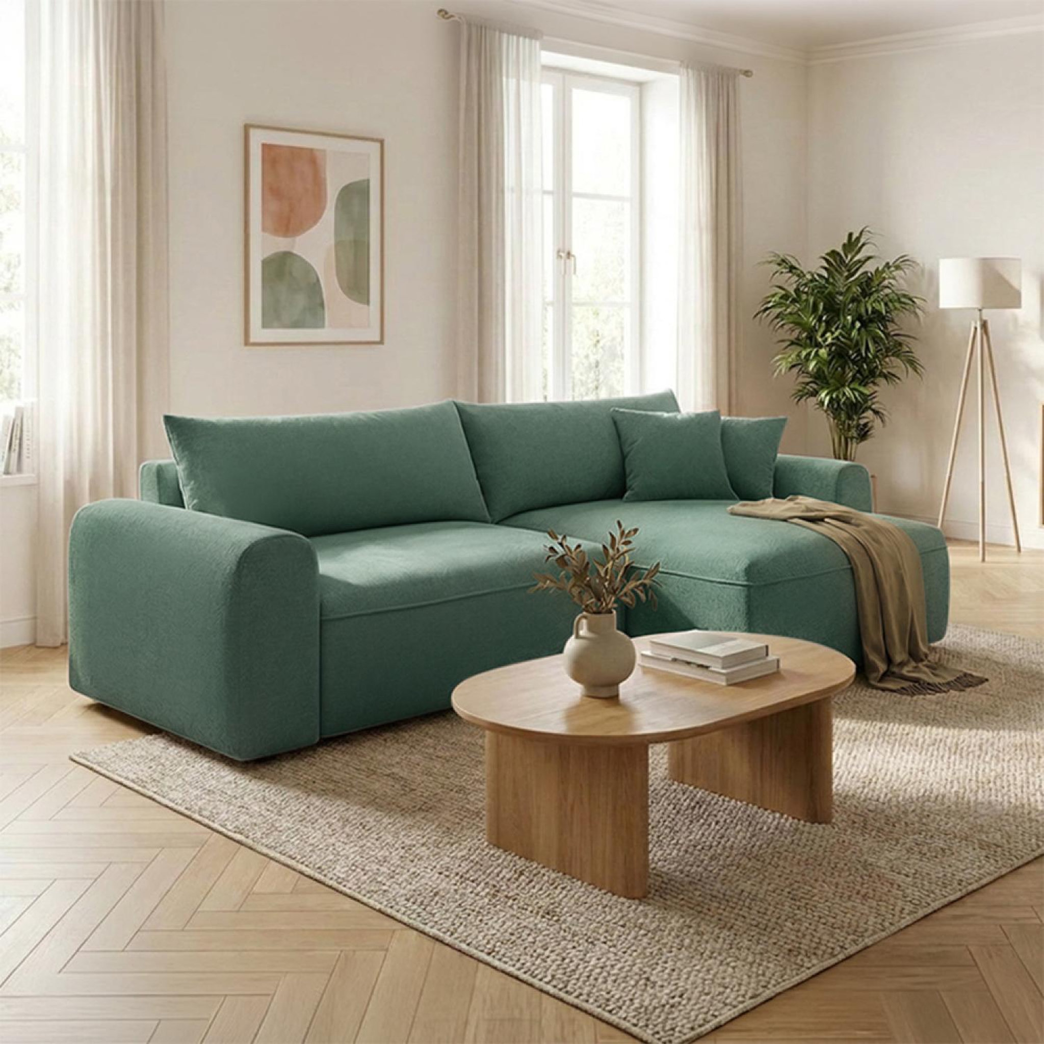 Voir la diapositive 3 : CONCEPT USINE Canapé d'angle convertible 4 places en tissu bouclé avec coffre de rangement belair