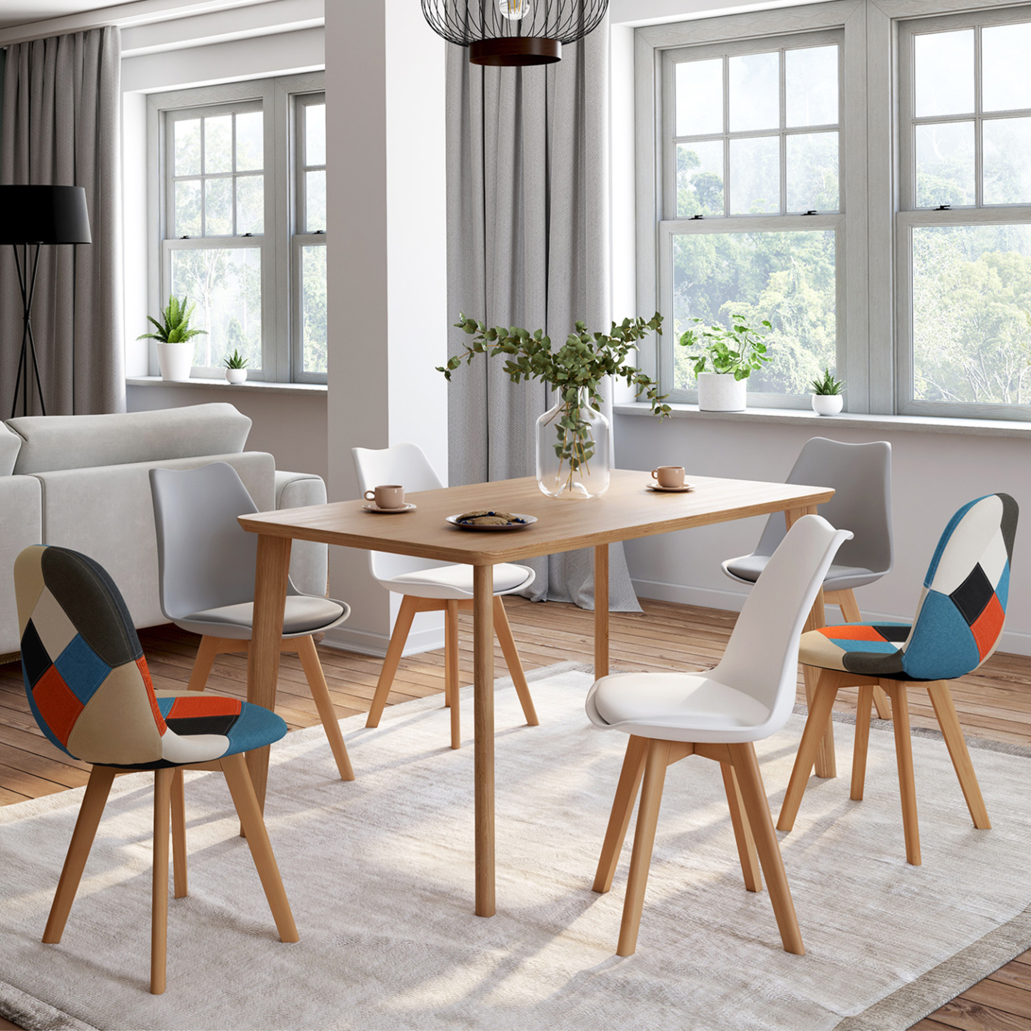 Voir la diapositive 2 : ID MARKET Lot de 6 chaises scandinaves sara blanc x2, gris clair x2 et patchworks multi-couleurs