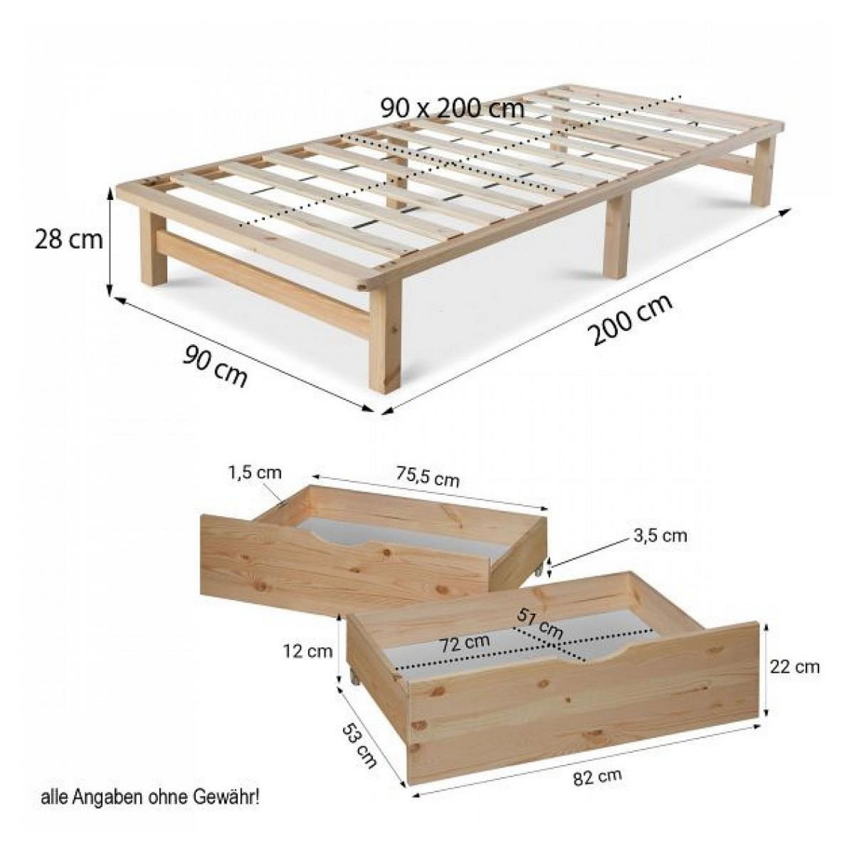 HomeStyle4U Lit en palette moderne 90x200 cm avec 2 tiroirs et sommier à lattes