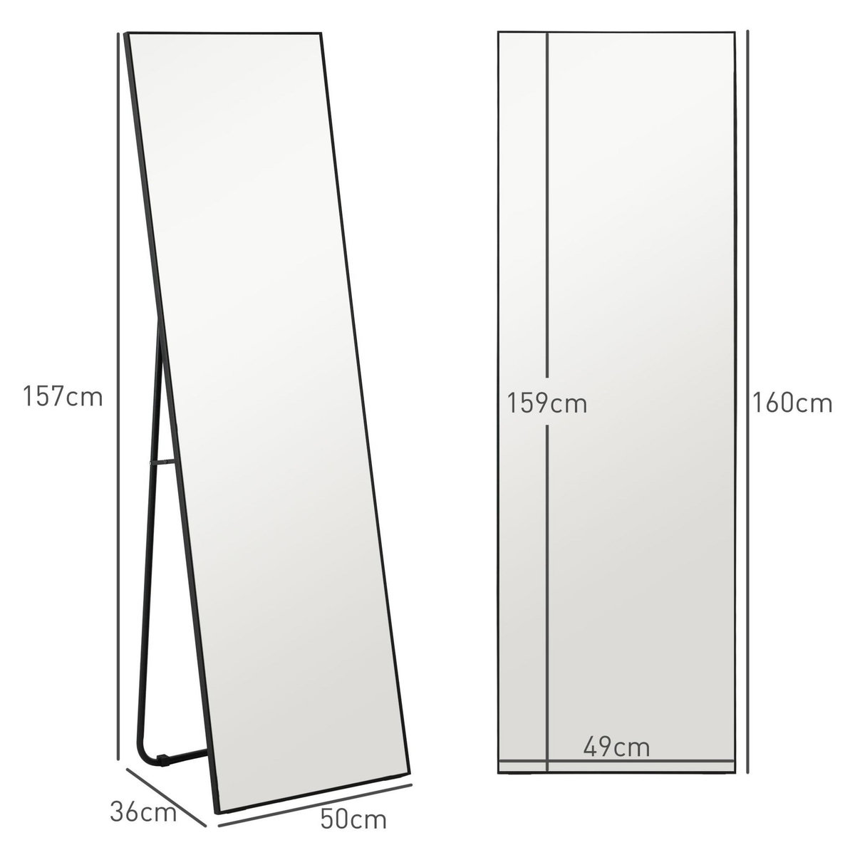 HOMCOM Grand miroir pleine longueur rectangulaire 50 x 160 cm - miroir sur pied ou mural - noir