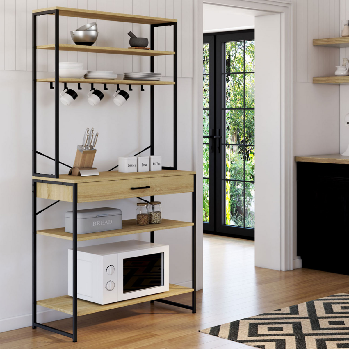 ID MARKET Etagère de cuisine 80 cm DETROIT avec tiroir et crochets design industriel