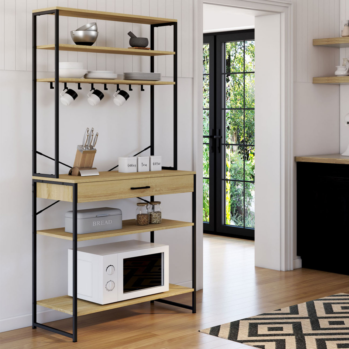 ID MARKET Etagère de cuisine 80 cm DETROIT avec tiroir et crochets design industriel