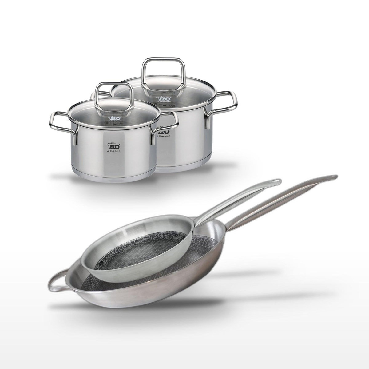 ELO Lot 2 Poêles 32/28 cm et 2 Faitouts 16/14 cm Elo Relief Solution