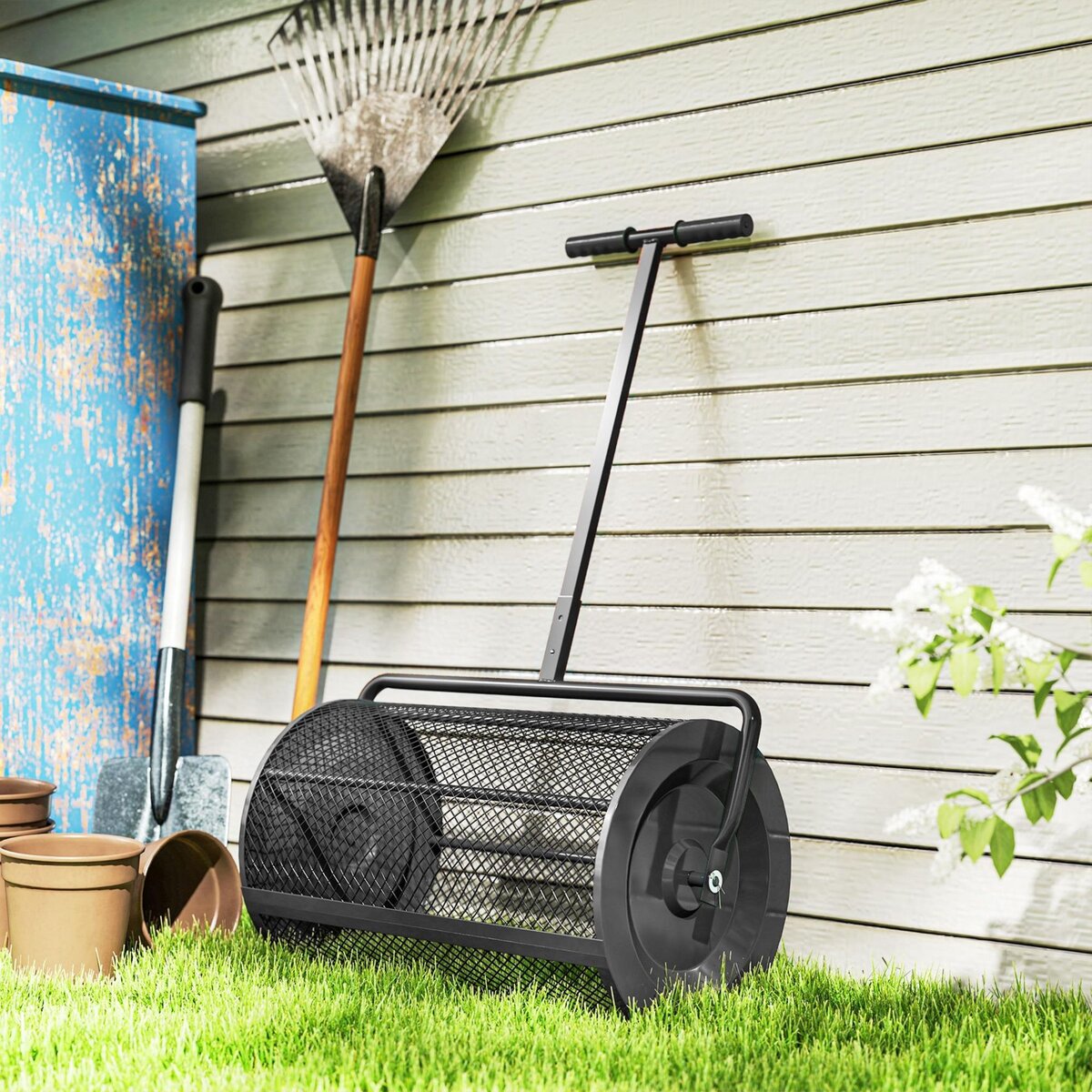 OUTSUNNY Épandeur de compost 75L - rouleau épandeur - poignée telescopique réglable - métal noir