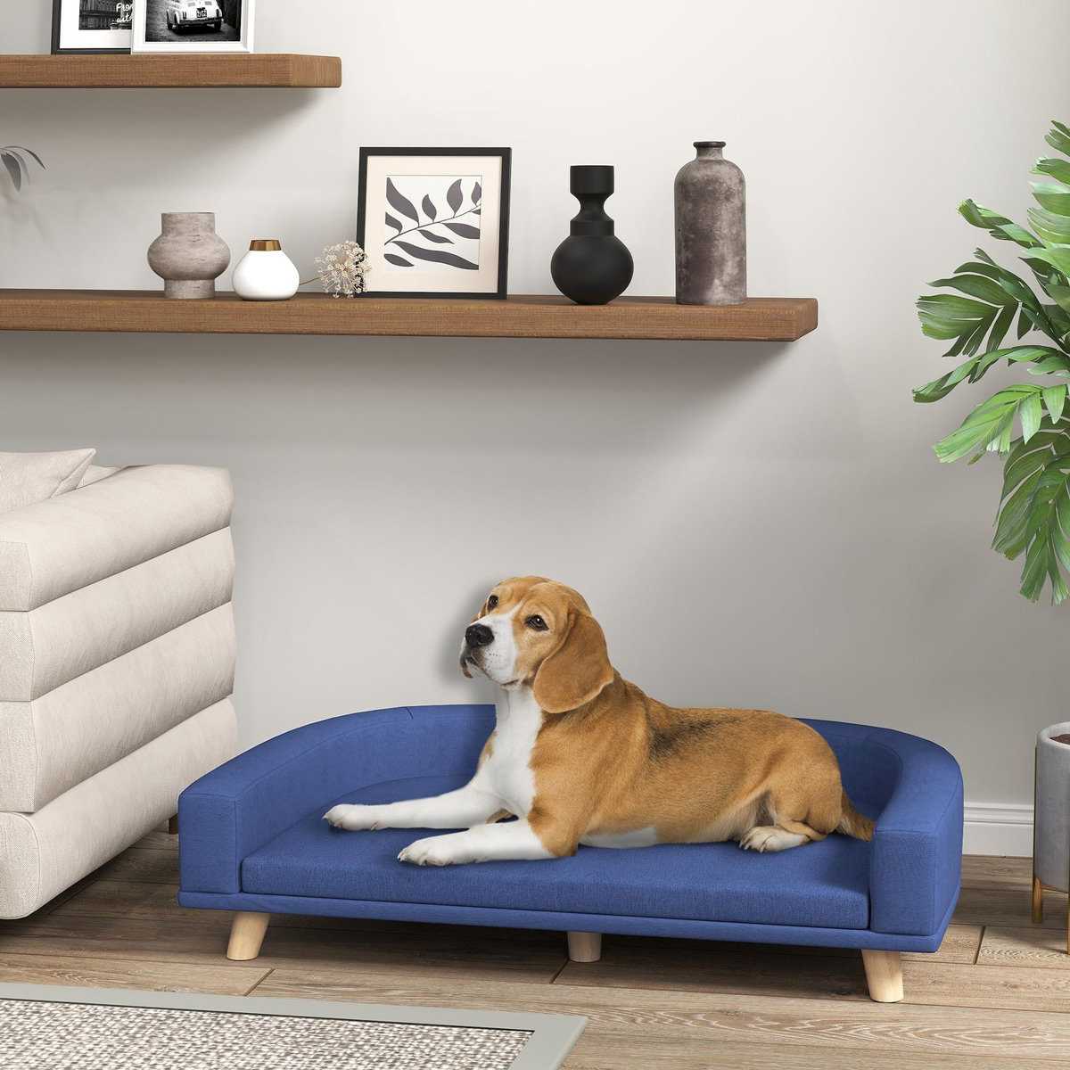 PAWHUT Canapé chien lit pour chien design scandinave coussin déhoussable dim 98L x 67l x 25H cm pieds bois tissu polyester bleu