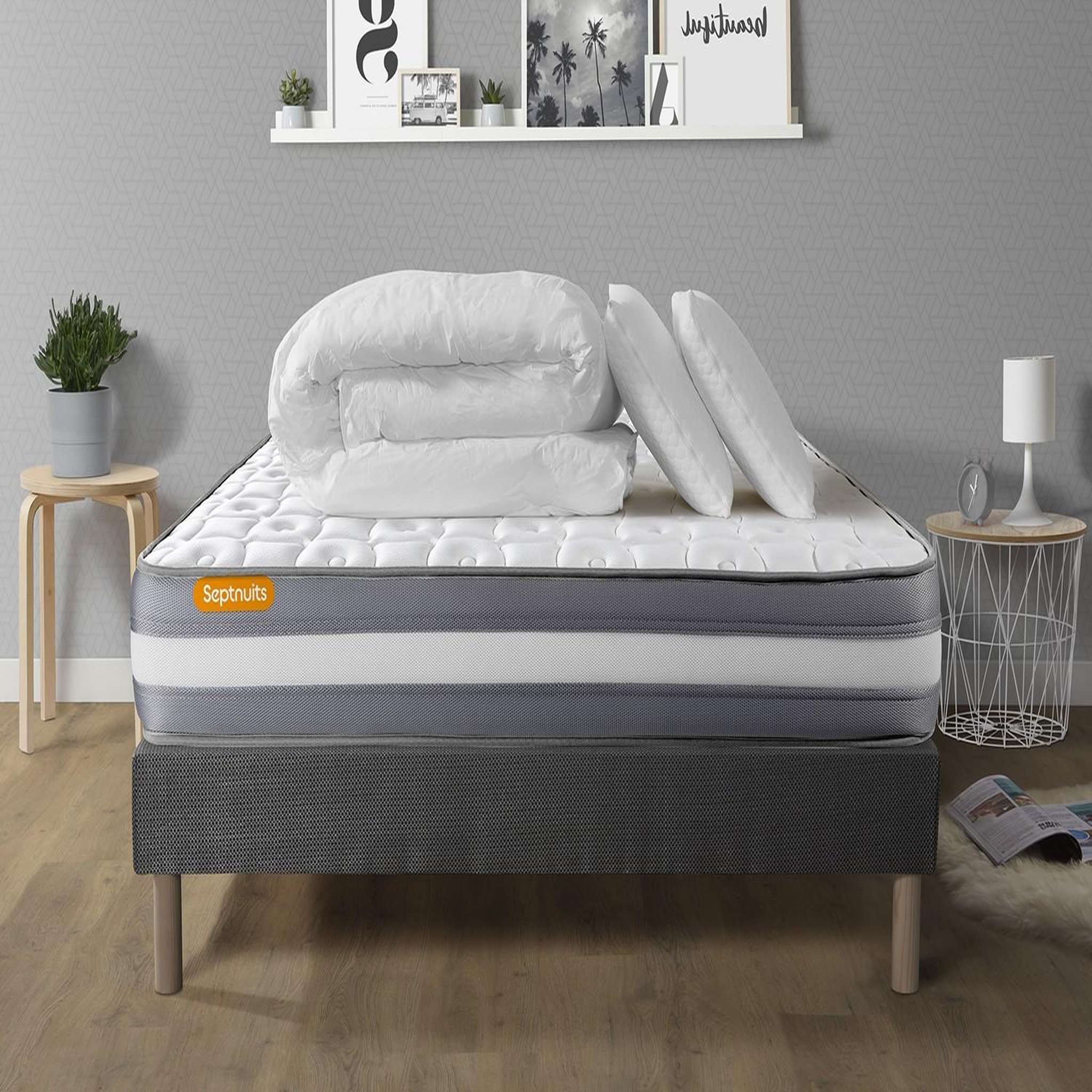 SEPTNUITS PACK matelas + sommier gris Memo Plus Mémoire de forme 3 zones + 2 oreillers + couette. Coloris disponibles : Gris